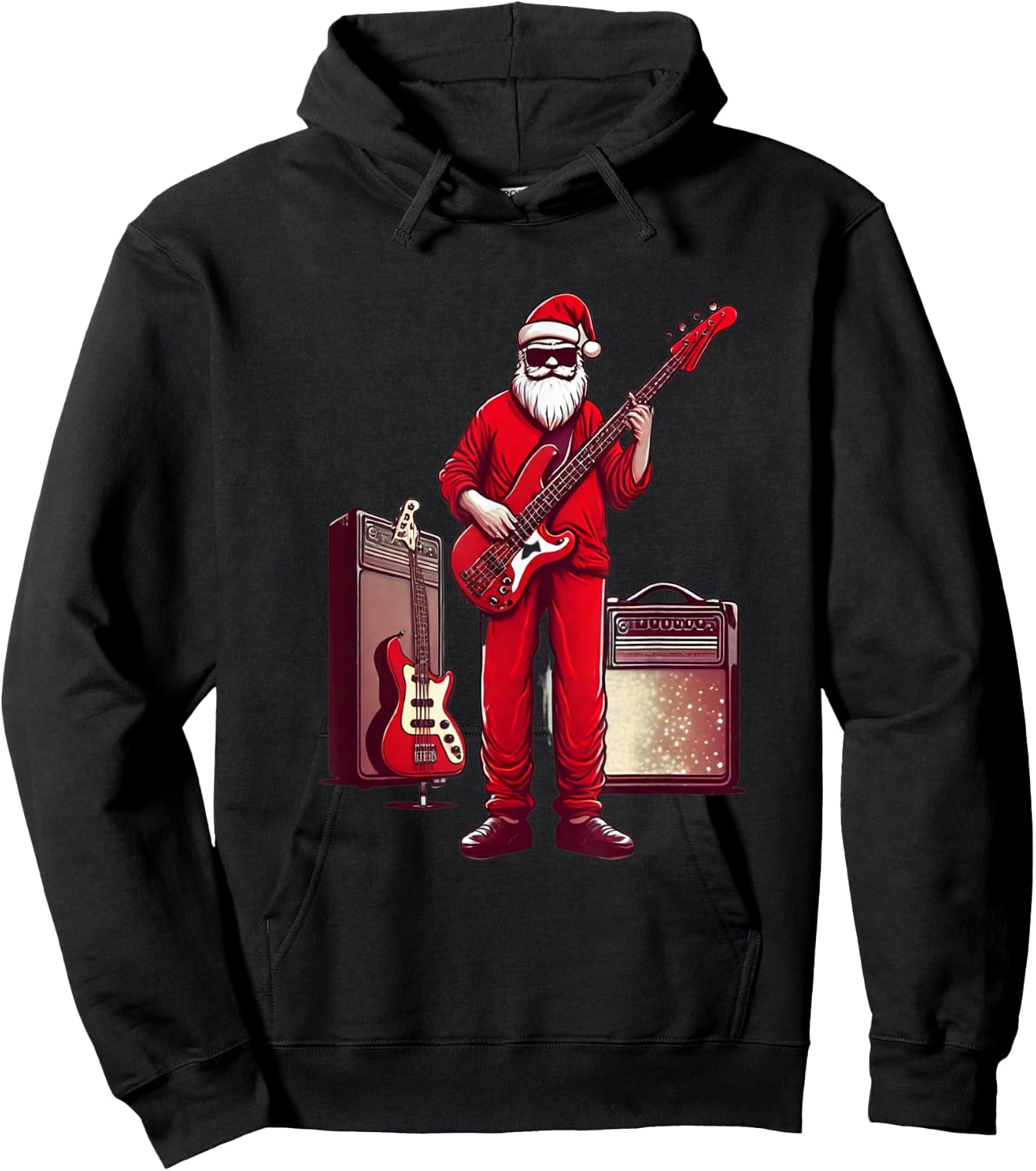 Santa Playing Guitar Bass Christmas Pajama Musician Bassist Hoodie - Hoodie | Black