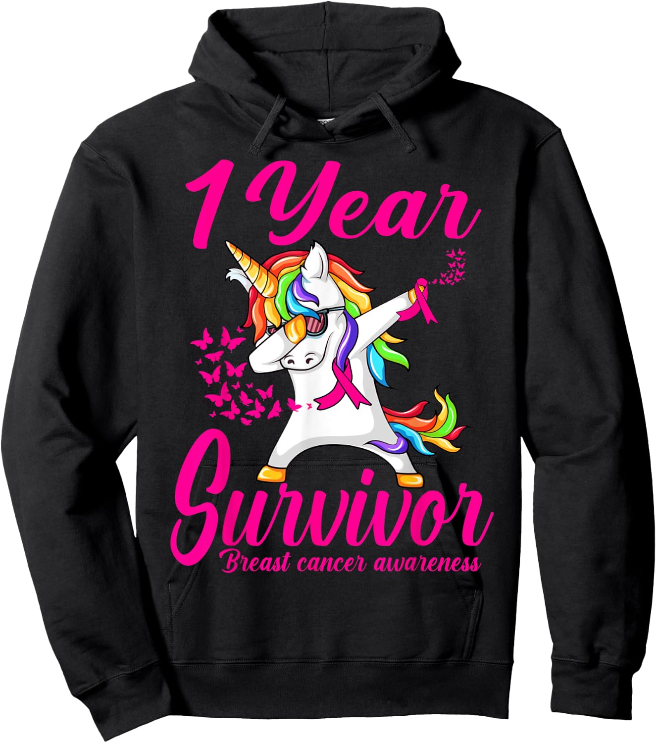 One 1 Years Survivor Breast Cancer Awareness Unicorn Hoodie - Hoodie | Black