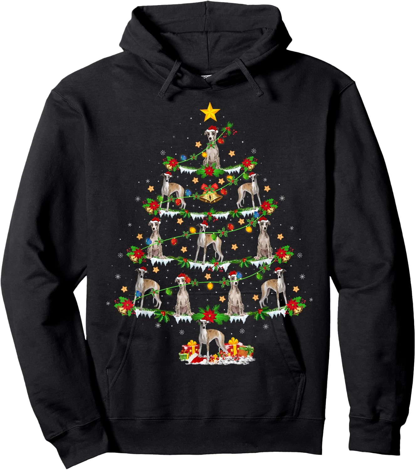 Holiday Xmas Lighting Santa Whippet Dog Christmas Tree Hoodie - Hoodie | Black