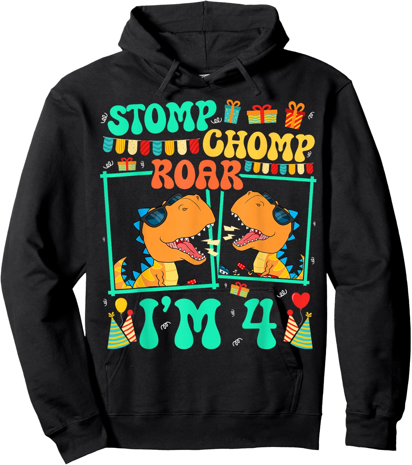 Stomp Chomp Roar I'm 4 Guitar Dinosaur Kid 4th Birthday Hoodie - Hoodie | Black