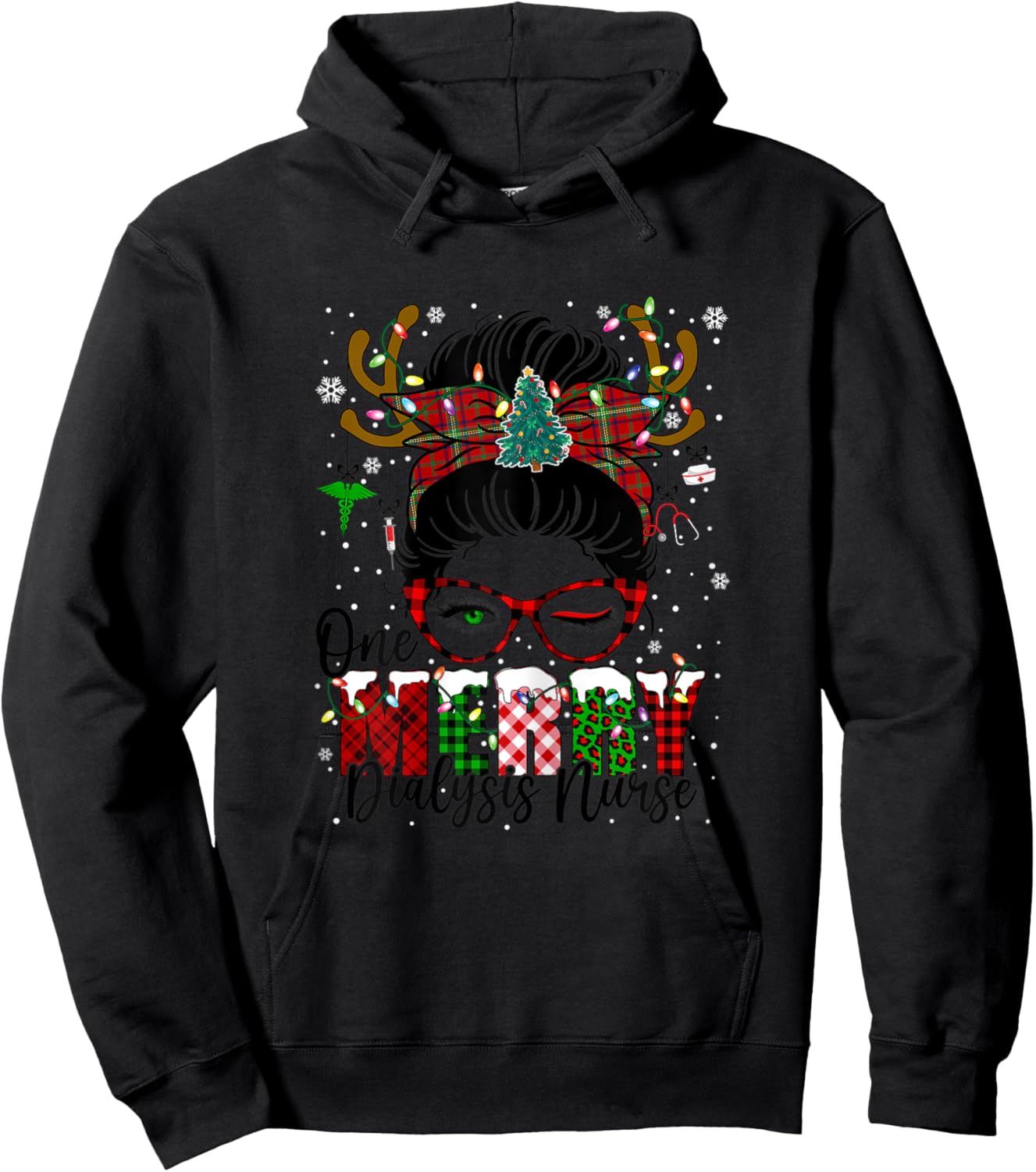 One Merry Dialysis Nurse Messy Bun Christmas Love Nurse Life Hoodie - Hoodie | Black