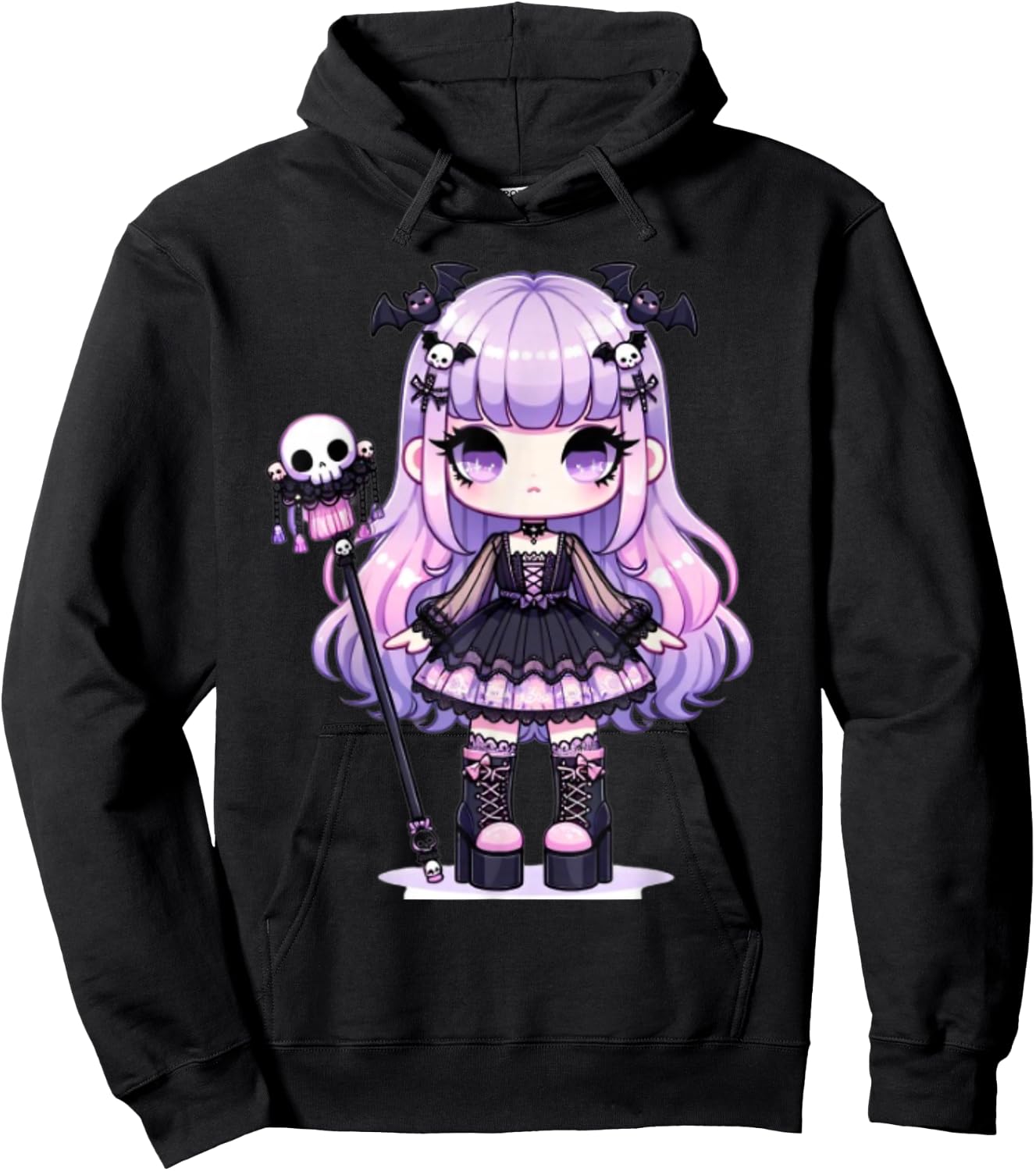 Lilac Chibi Pastel Goth Girl Kawaii Creepy Cute Anime Hoodie - Hoodie | Black