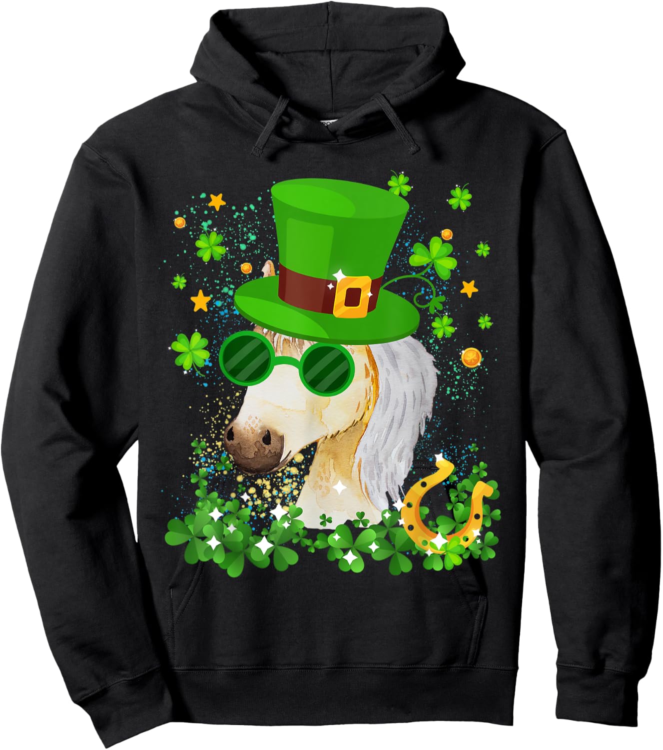 St Patricks Day Lucky Shamrock Cute Famer Horse Girls Kids Hoodie - Hoodie | Black