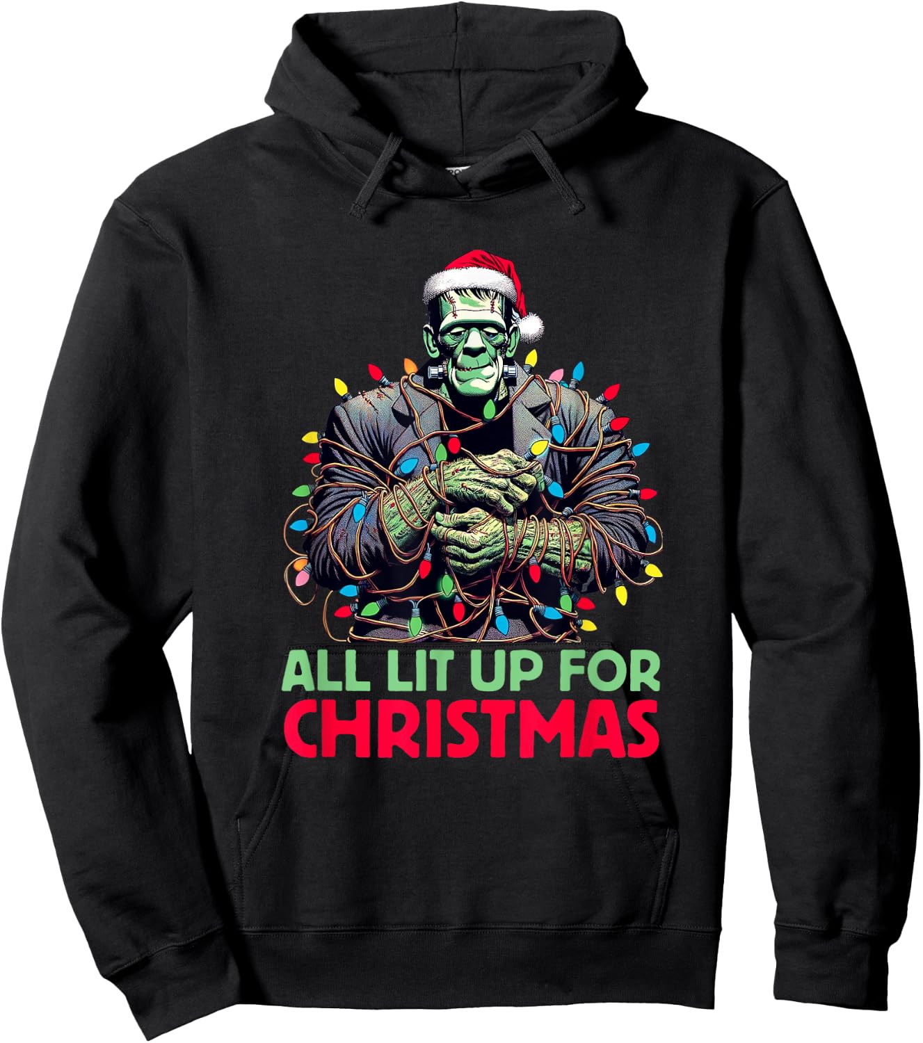 "All Lit Up for Christmas" - Frankenstein's Monster Holiday Hoodie - Hoodie | Black