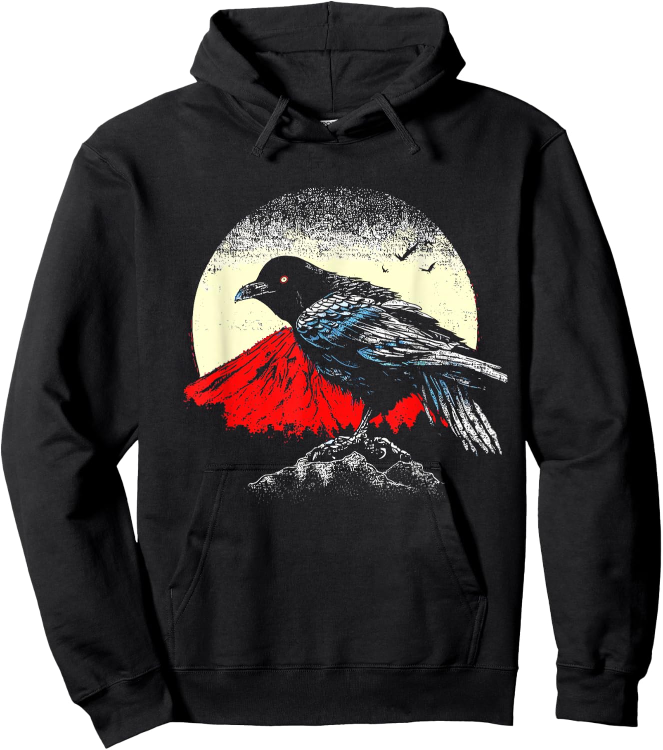 Japanese Art Black Crow Raven Red Moon - Retro Bird Hoodie - Hoodie | Black