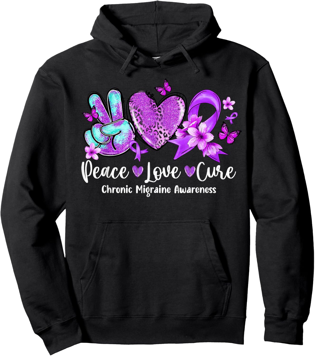 Peace Love Cure Purple Ribbon Chronic Migraine Awareness Hoodie - Hoodie | Black