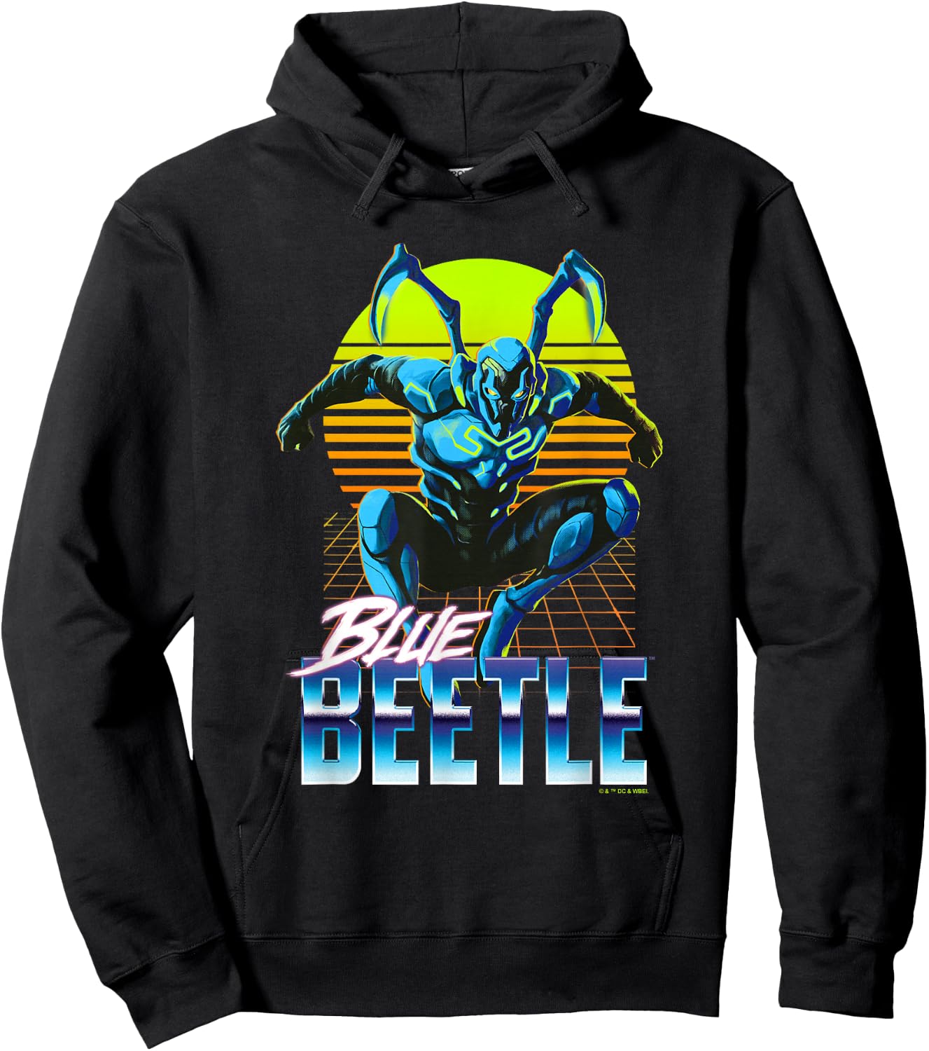 Blue Beetle Jumping Into Action Neon Gridline Background Hoodie - Hoodie | Black