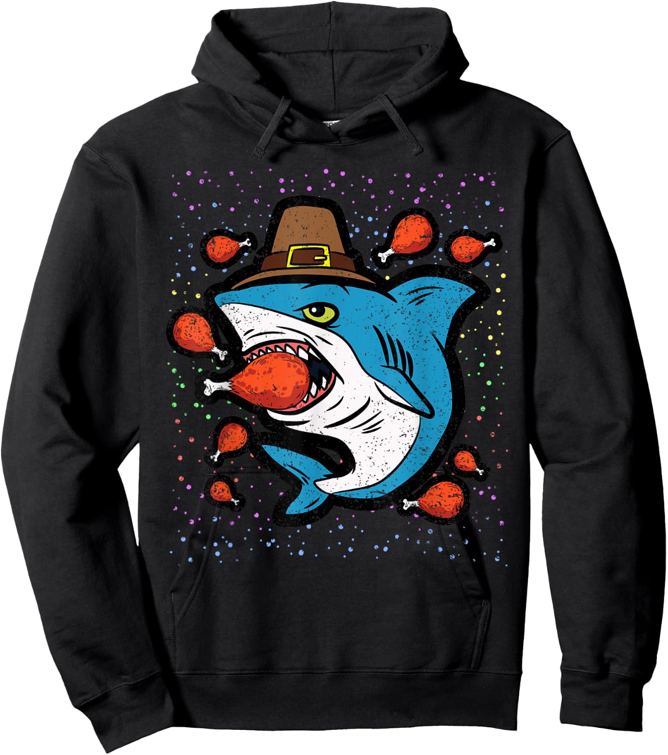 Shark Eating Turkey Leg Thanksgiving Day Funny Fall Autumn Hoodie - Hoodie | Black