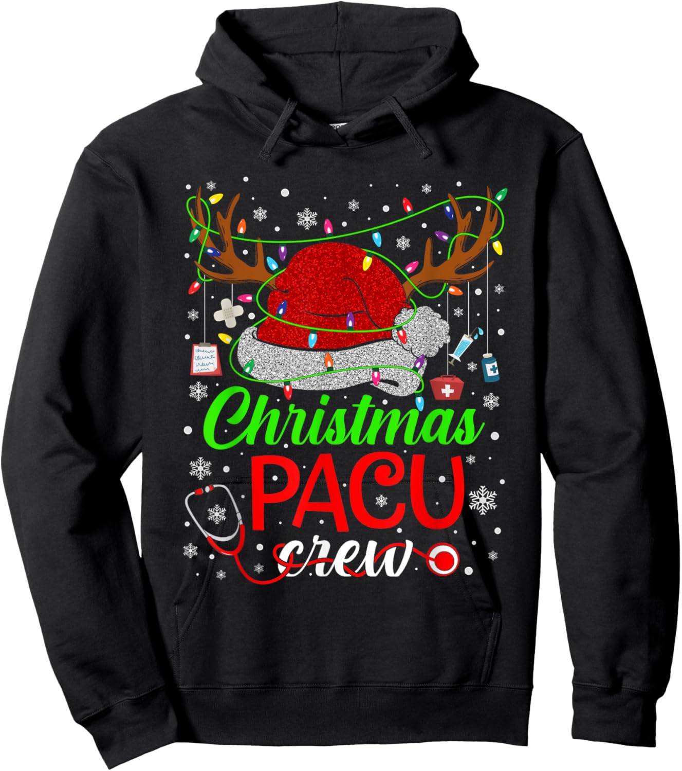 Christmas PACU Nurse Crew Santa Nurse Life Cute Xmas Pajama Hoodie - Hoodie | Black