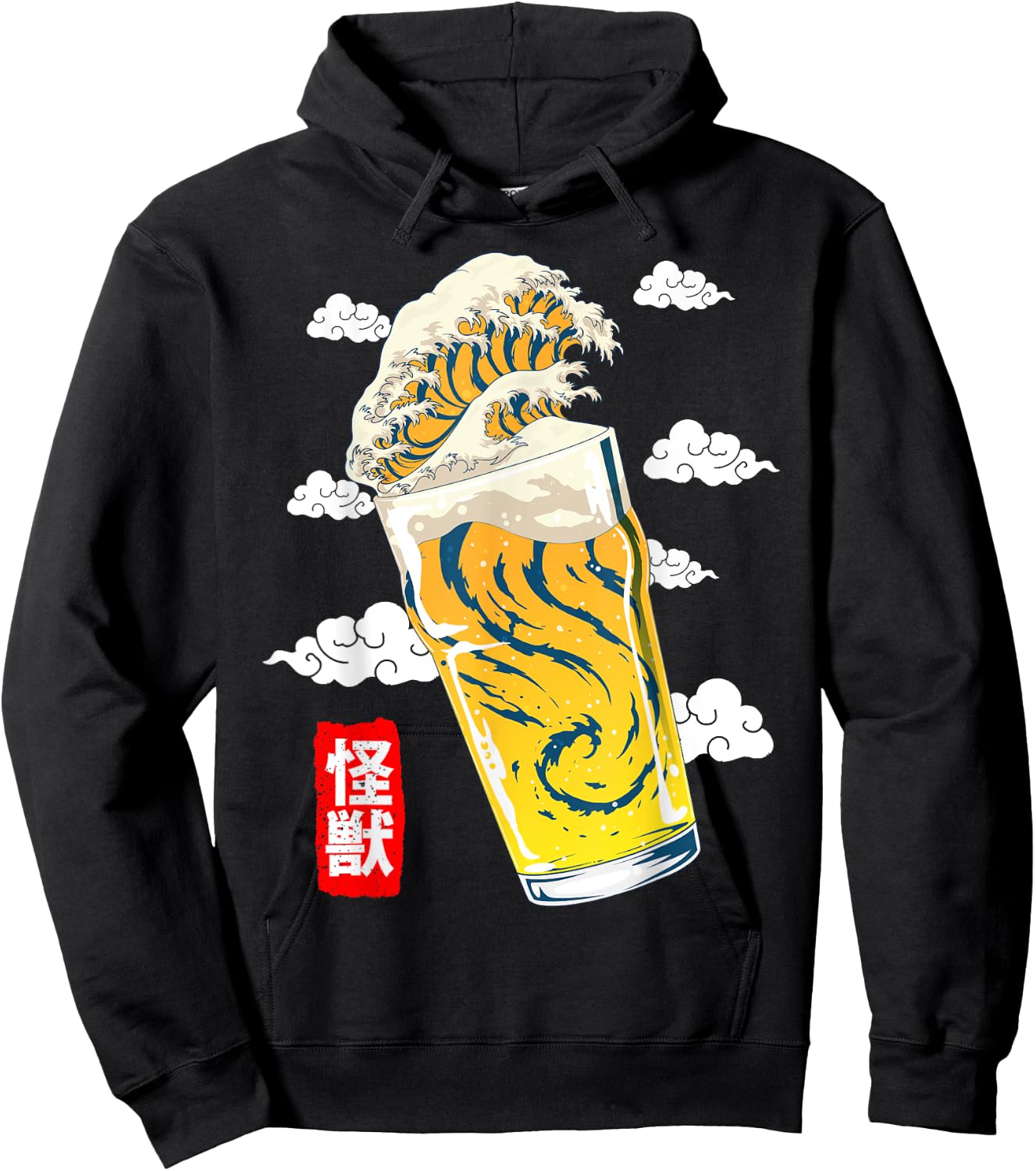 GoshWow The Great Beer Wave Kanagawa Retro Kanji Japanese Beer Hoodie - Hoodie | Black