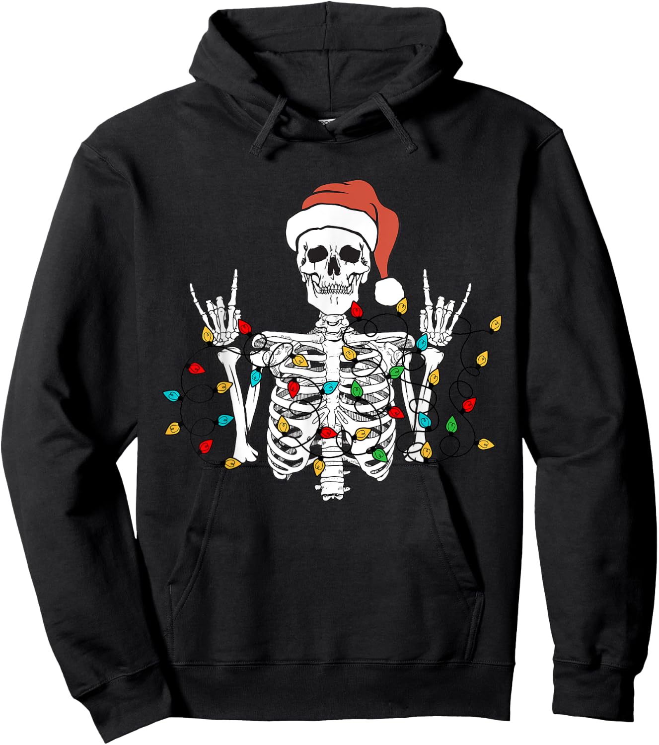 Christmas Skeleton Rocker Wrapped in Xmas Lights Santa Hat Hoodie - Hoodie | Black