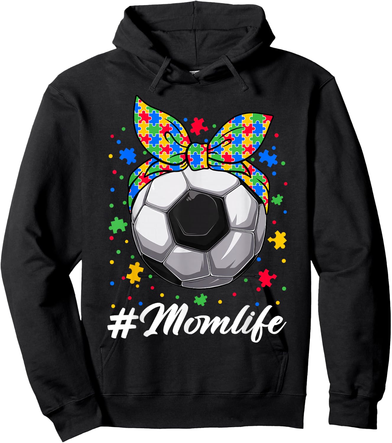Messy Bun Soccer Ball Puzzle ASD Mom Life Autism Awareness Hoodie - Hoodie | Black