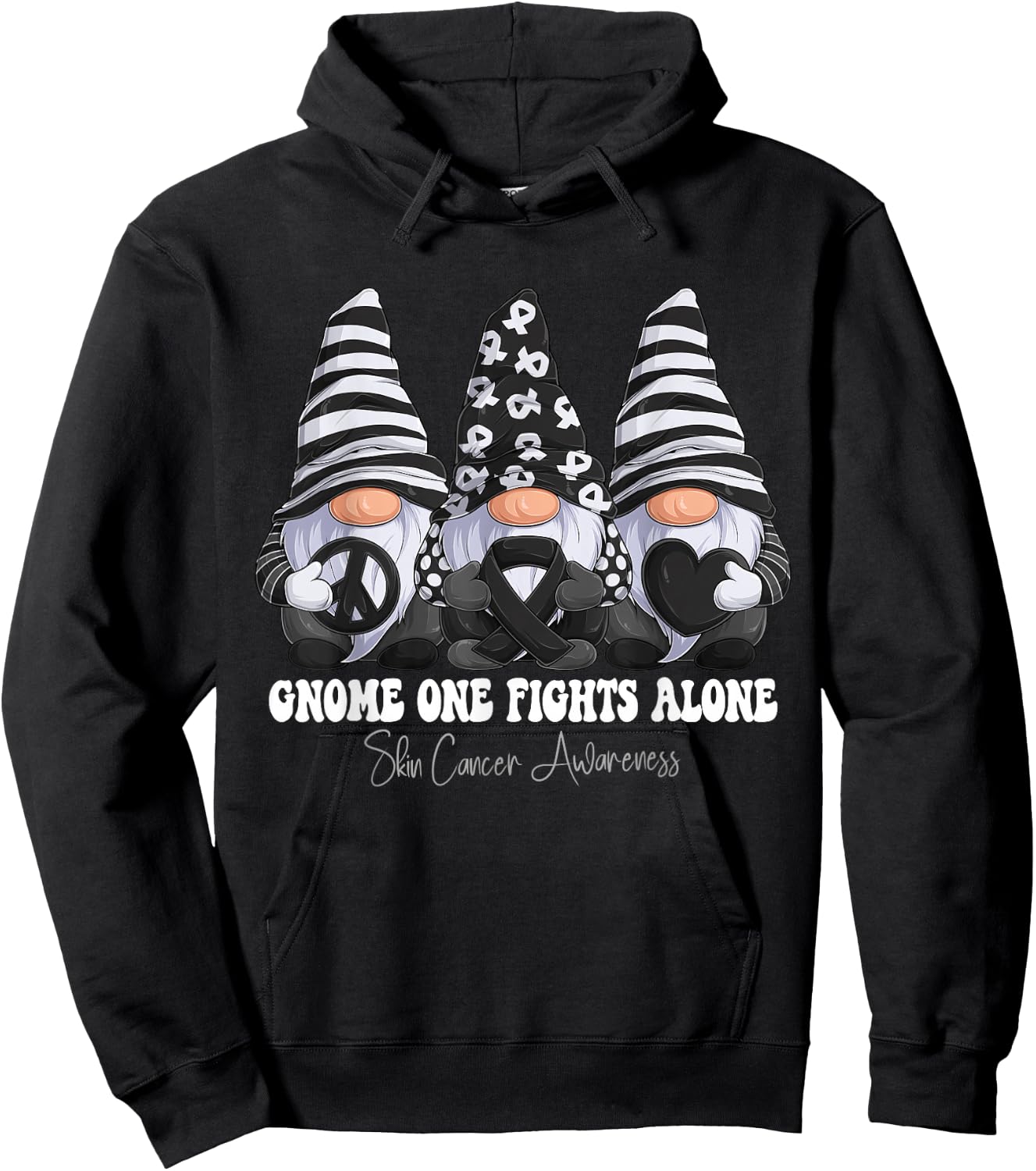 Skin Cancer Awareness Month Black Ribbon Gnomies Support Hoodie - Hoodie | Black
