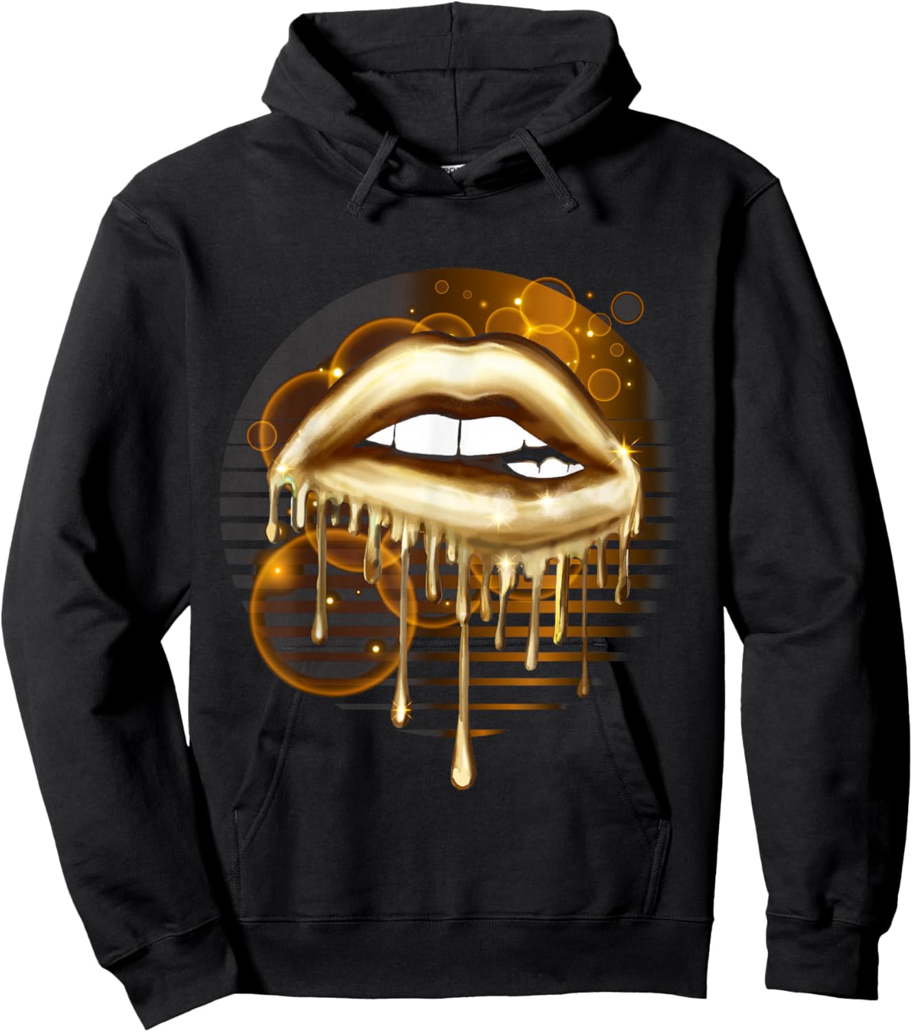 Gold Dripping Biting Lips Faux Lipstick Effect 80s Gift Hoodie - Hoodie | Black