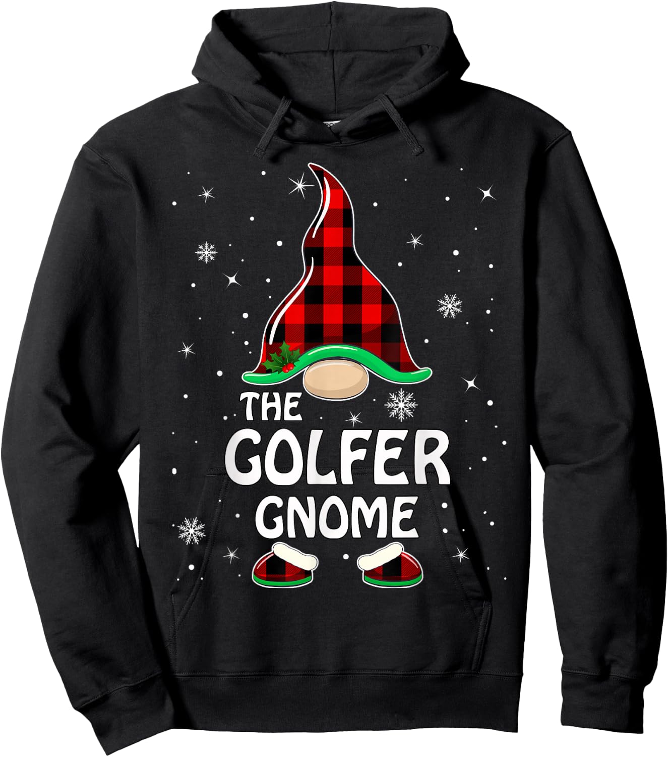 Golfer Gnome Buffalo Plaid Matching Family Christmas Pajama Hoodie - Hoodie | Black