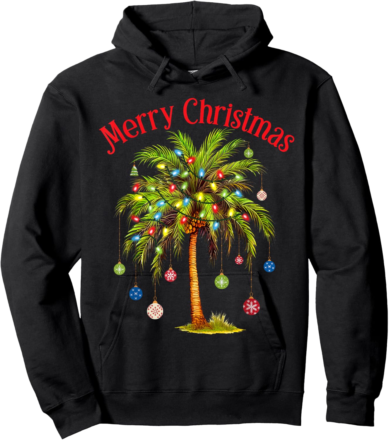 Merry Christmas Palm Tree Light Hawaiian Tropical Christmas Hoodie - Hoodie | Black