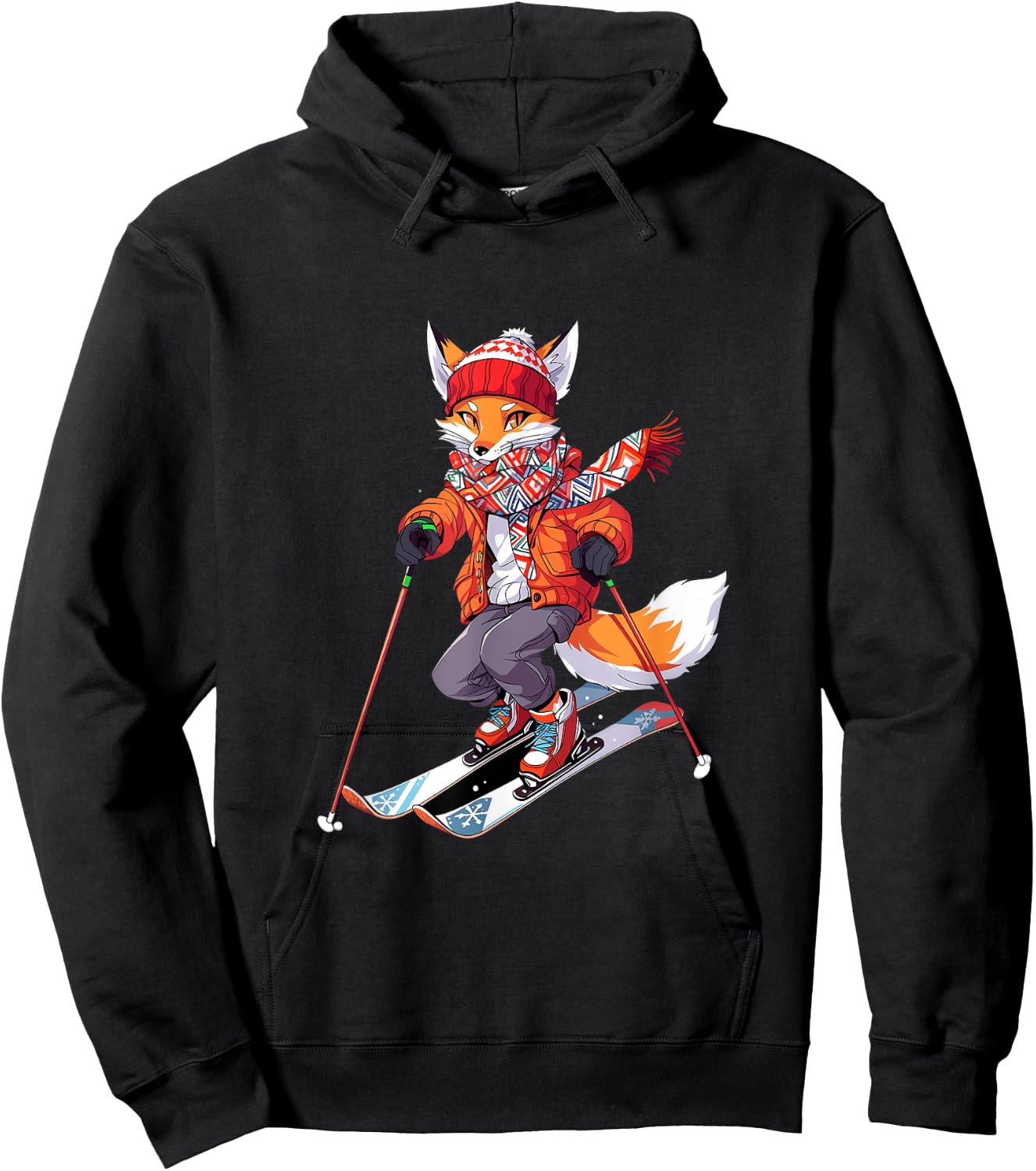 Fox Skiing Skier Ski Winter Snow Hoodie - Hoodie | Black