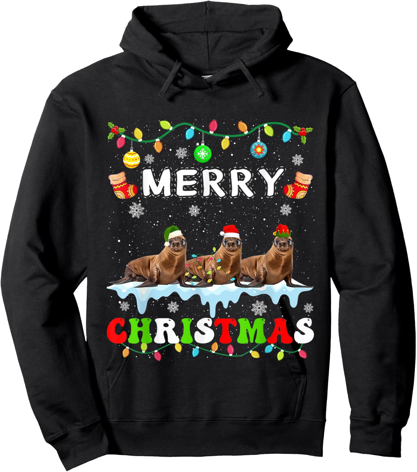 Funny Sea lion Christmas Squad Xmas Women Men Kids Hoodie - Hoodie | Black