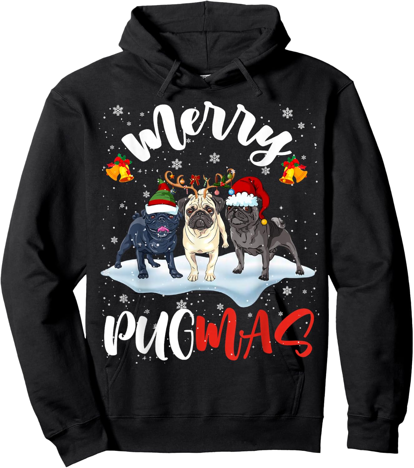 Merry Pugmas Funny Santa Reindeer Elf Pug Dog Christmas Hoodie - Hoodie | Black