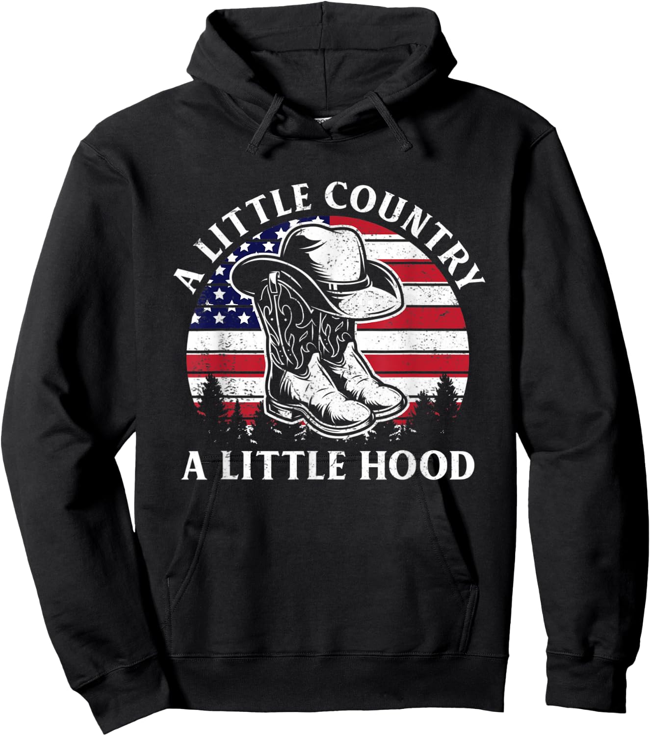 A Little Country A Little Hood Vintage Cowboy Hat USA Flag Hoodie - Hoodie | Black