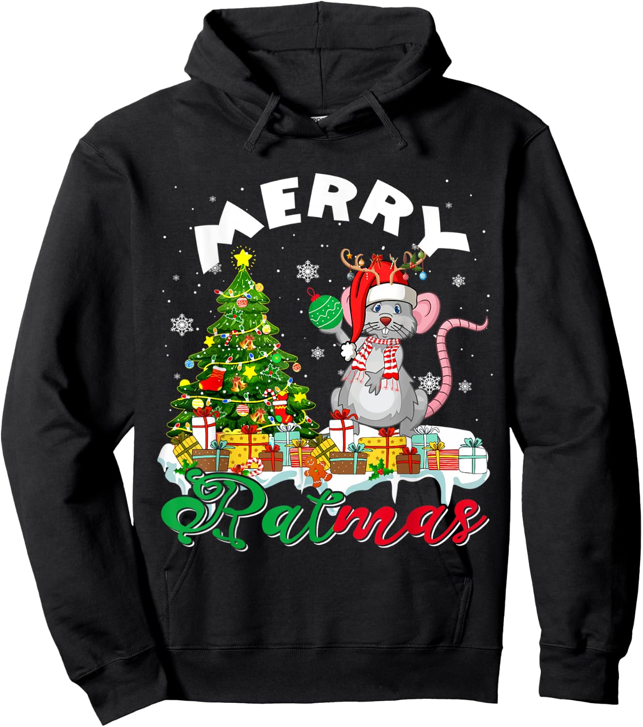 Merry Xmas Santa Reindeer Rat Sitting With Xmas Presents Hoodie - Hoodie | Black