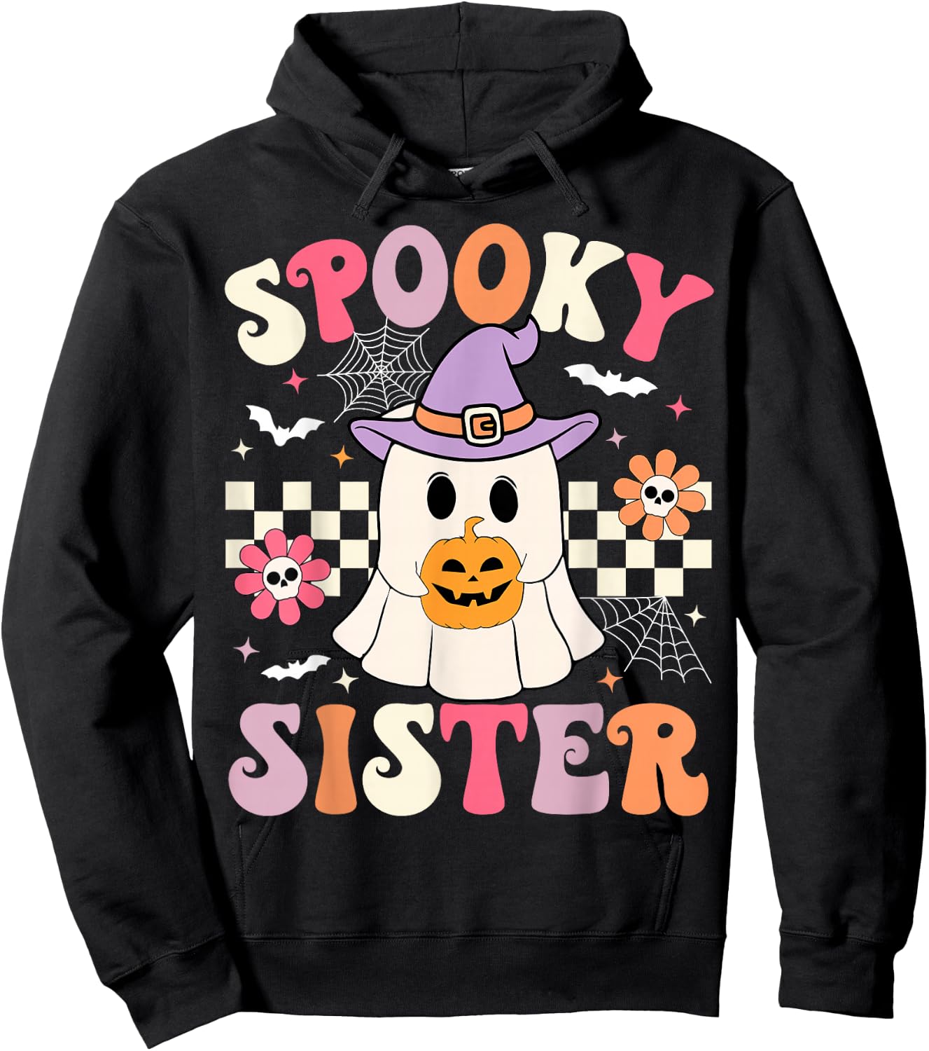 Groovy Spooky Sister Retro Ghost Holding Pumpkin Halloween Hoodie - Hoodie | Black