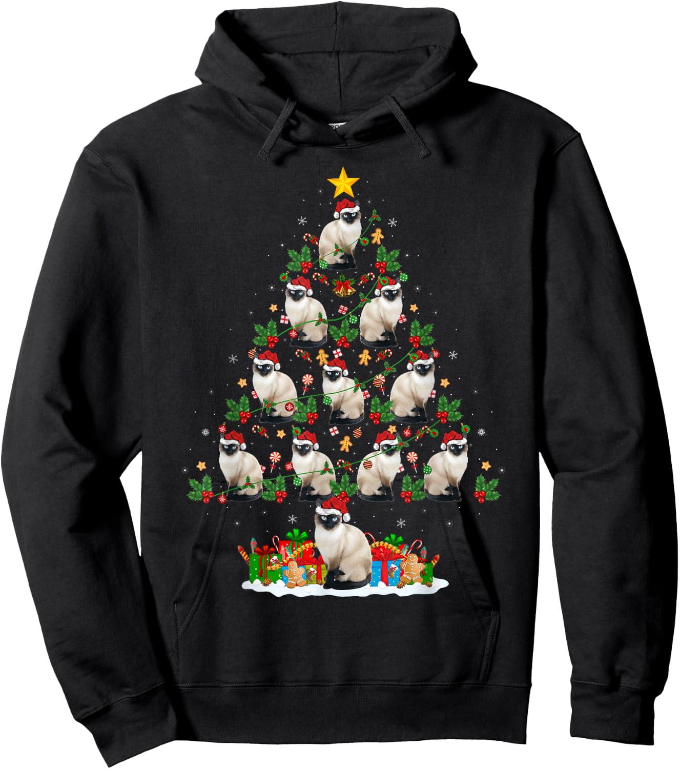 Lighting Xmas Holiday Santa Balinese Cat Christmas Tree Women Kids Hoodie - Hoodie | Black