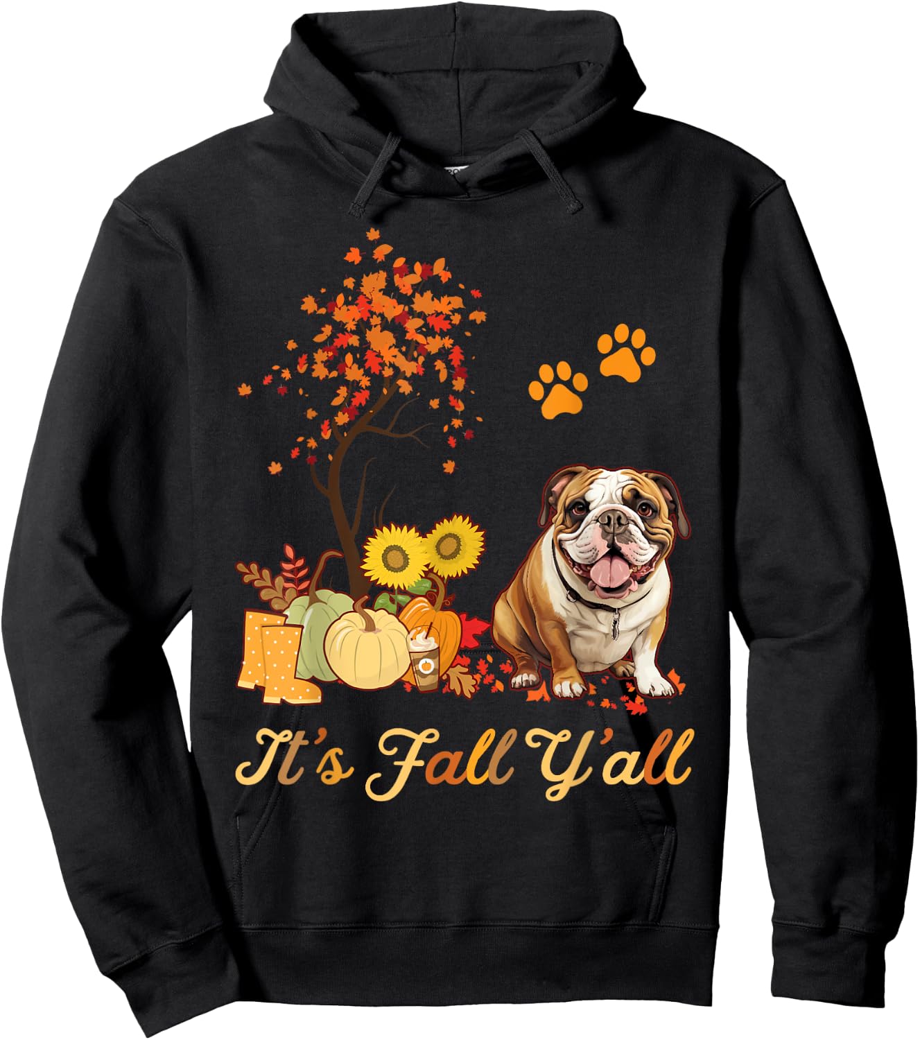 English Bulldog Fall Leaves Autumn Maple Tree Thanksgiving Hoodie - Hoodie | Black