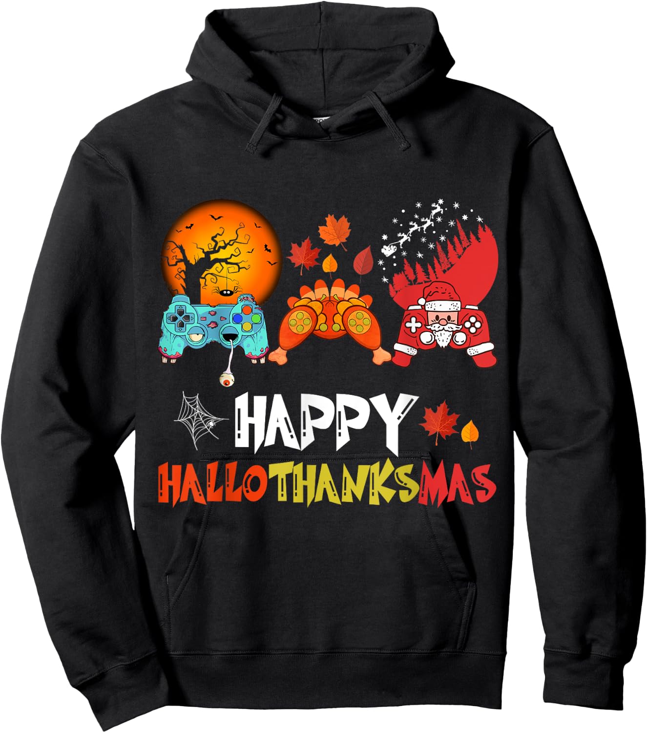 Halloween Thanksgiving Xmas Happy HalloThanksMas Video Game Hoodie - Hoodie | Black