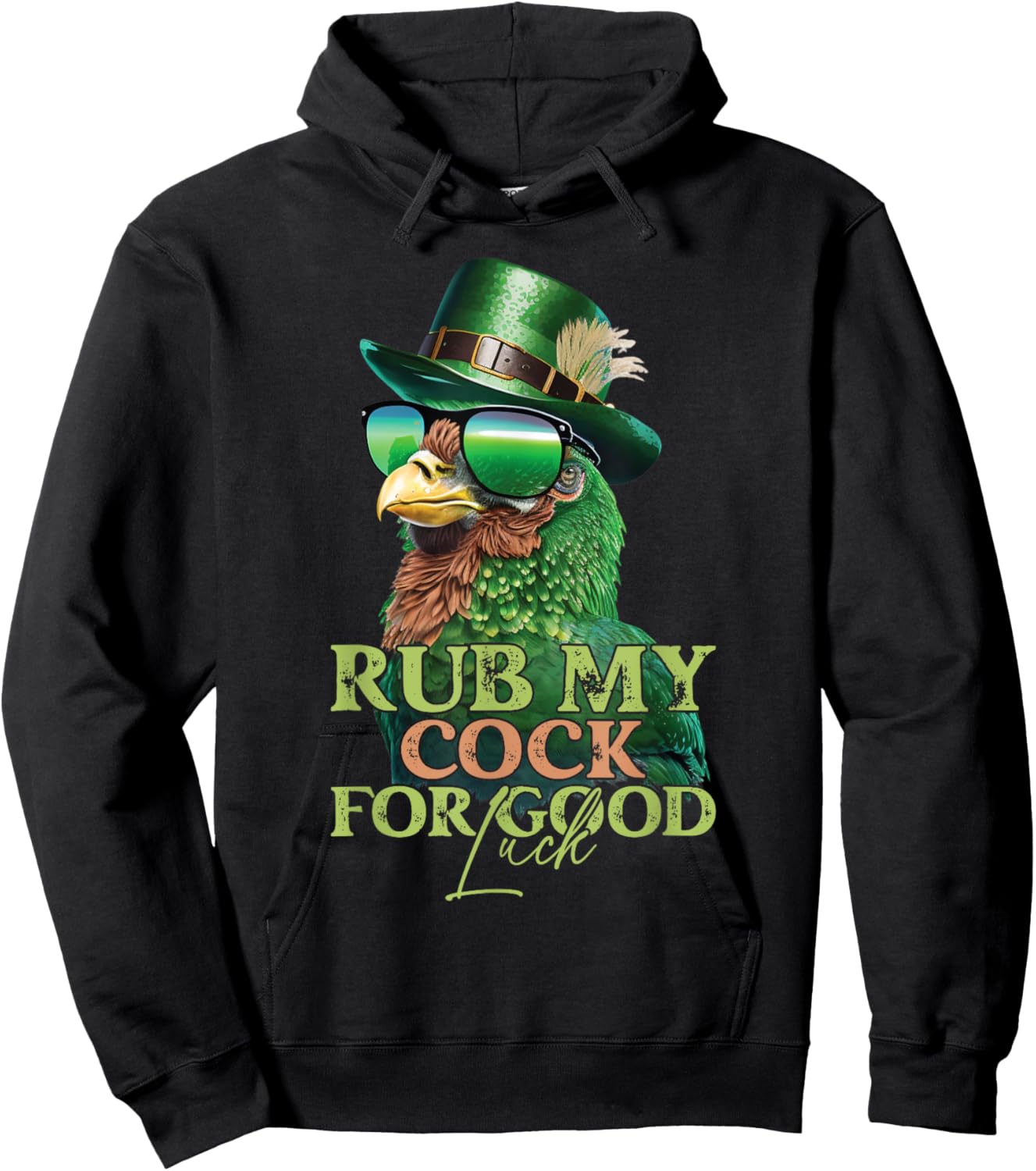 Rub My Cock for Good Luck Funny St Patricks Day Chicken Hoodie - Hoodie | Black