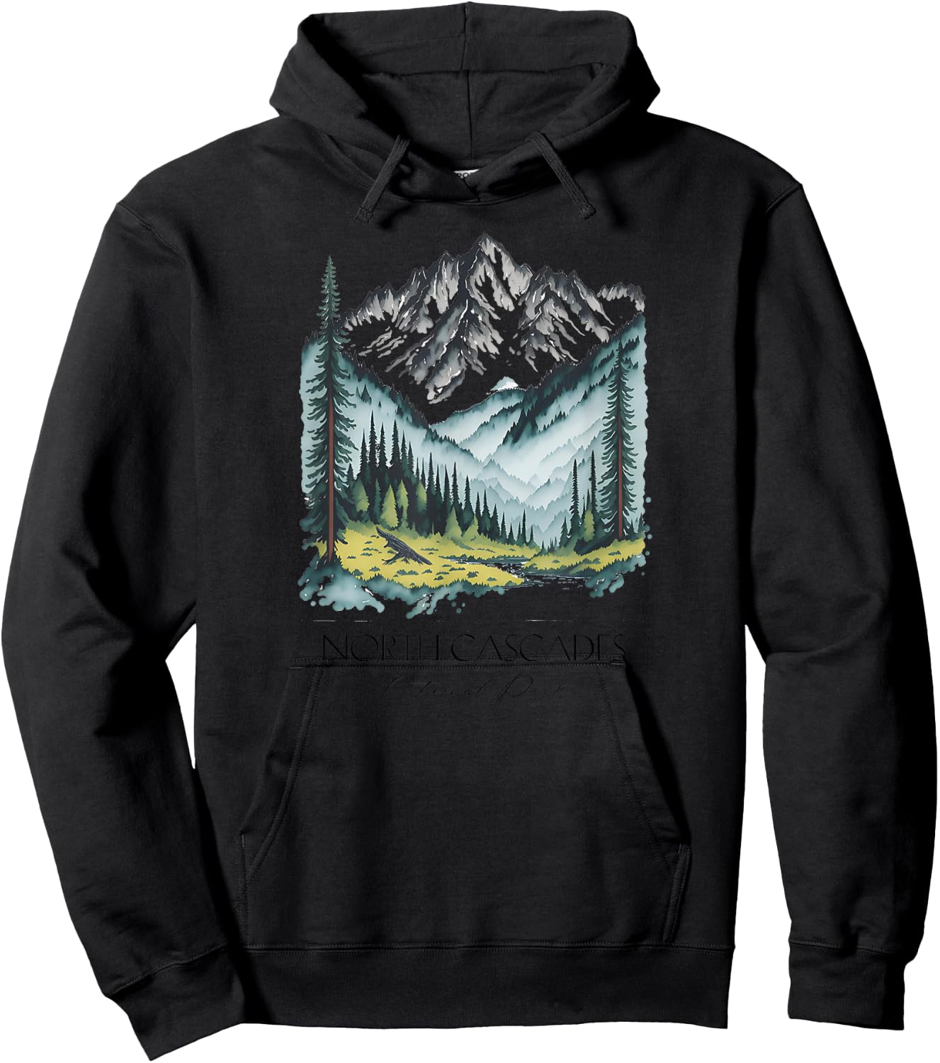 Cool North Cascades National Park Hiking Watercolor Graphic Hoodie - Hoodie | Black