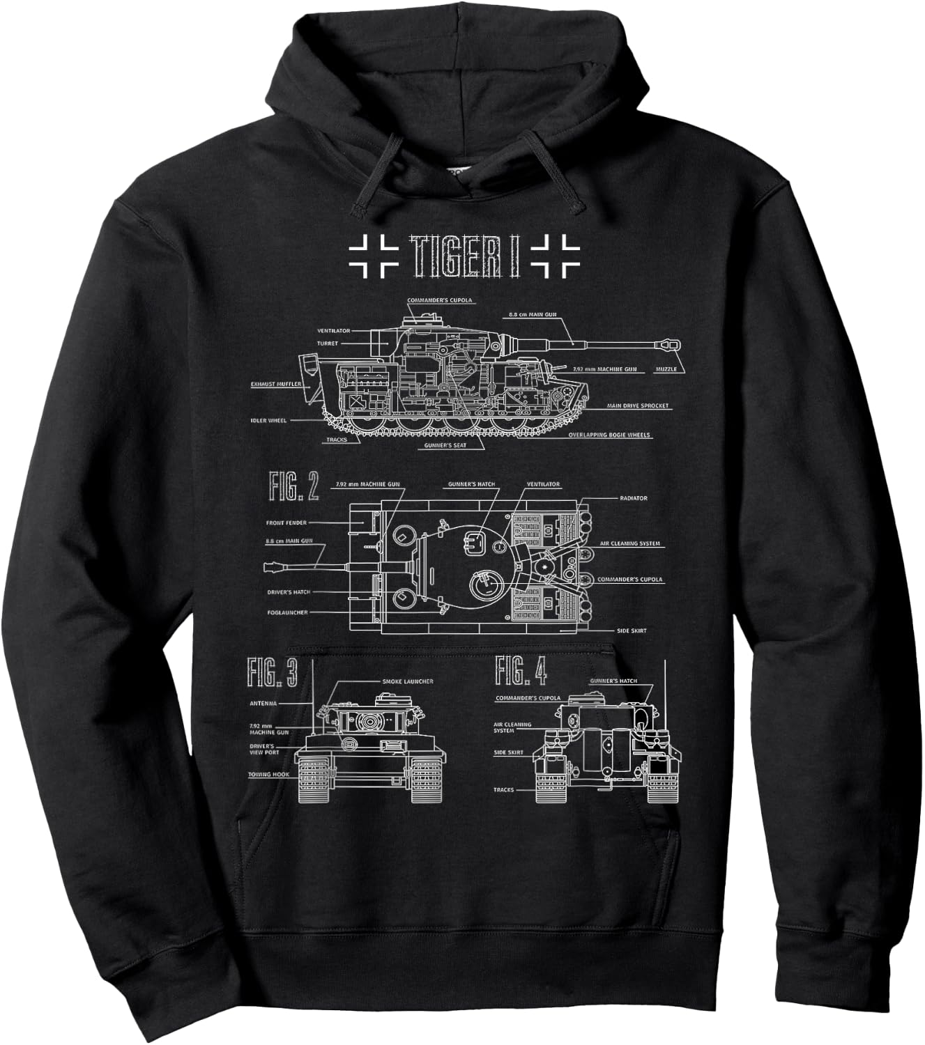 World War 2 German Tank Tiger I Engineering Blueprint Hoodie - Hoodie | Black