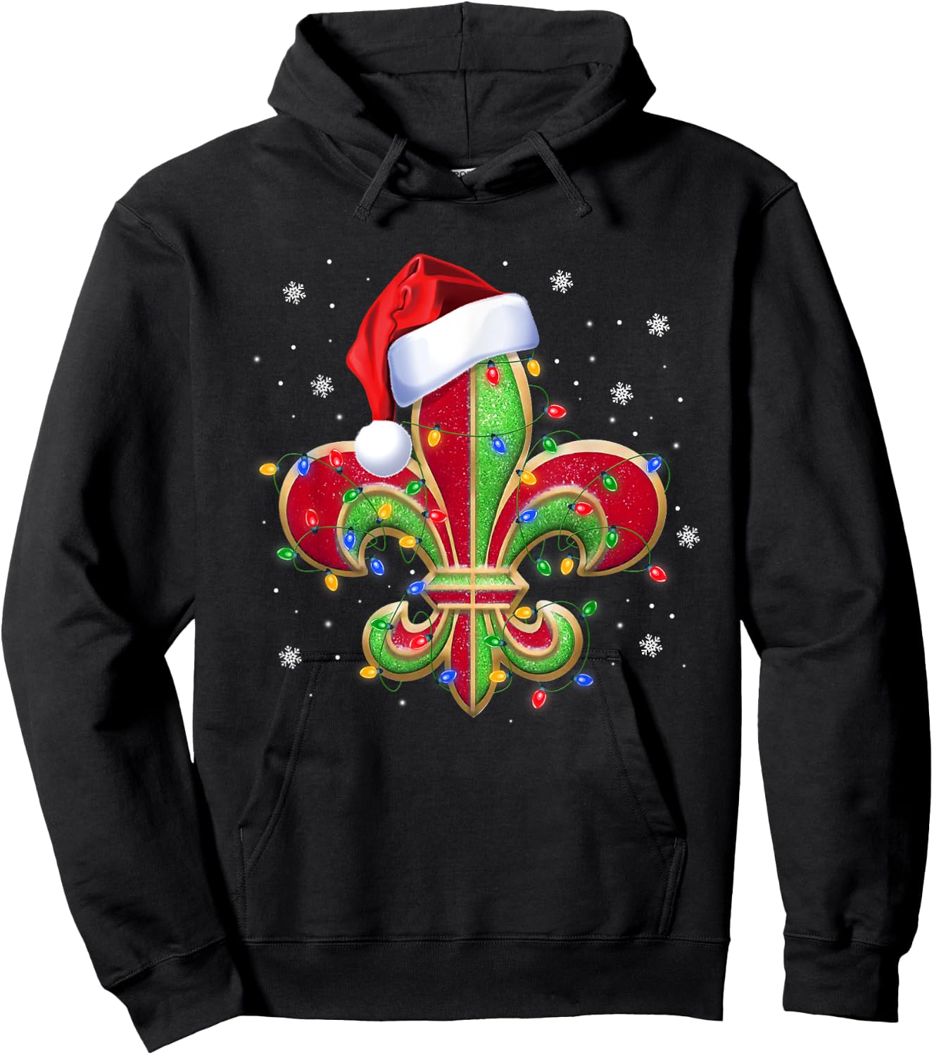 Fleur De Lis Christmas Ornament with Santa Hat Xmas Lights Hoodie - Hoodie | Black