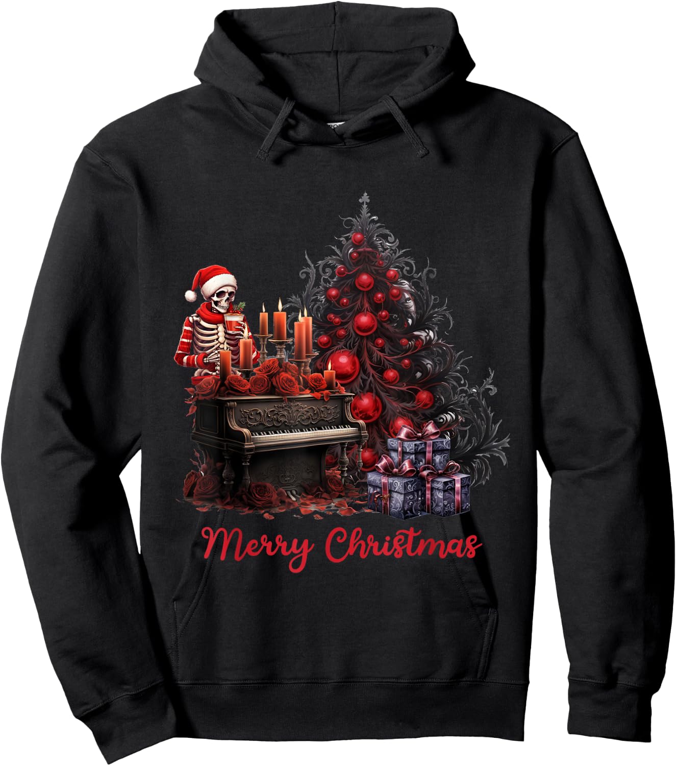 Red Black Gothic Skeleton Christmas Hoodie - Hoodie | Black
