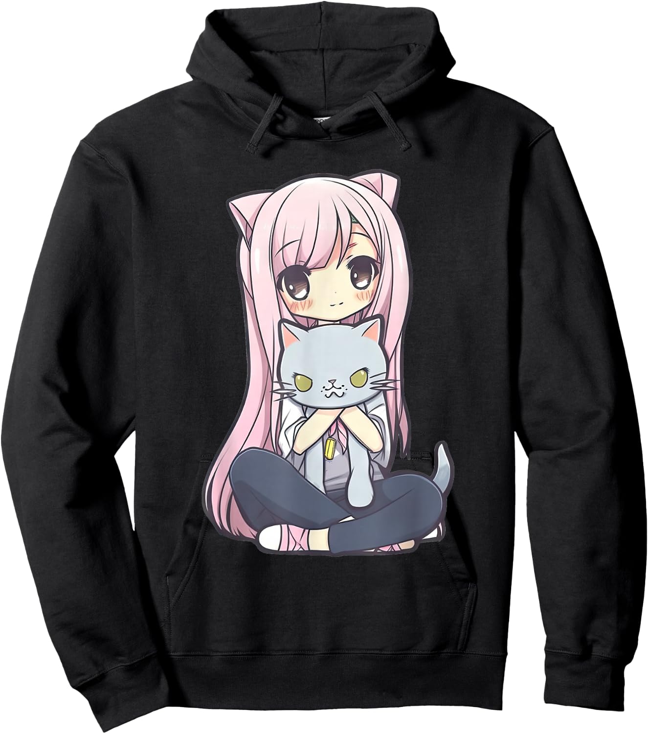 Anime and Cats Kawaii Cute Teen Otaku Girl with Cat Hoodie - Hoodie | Black