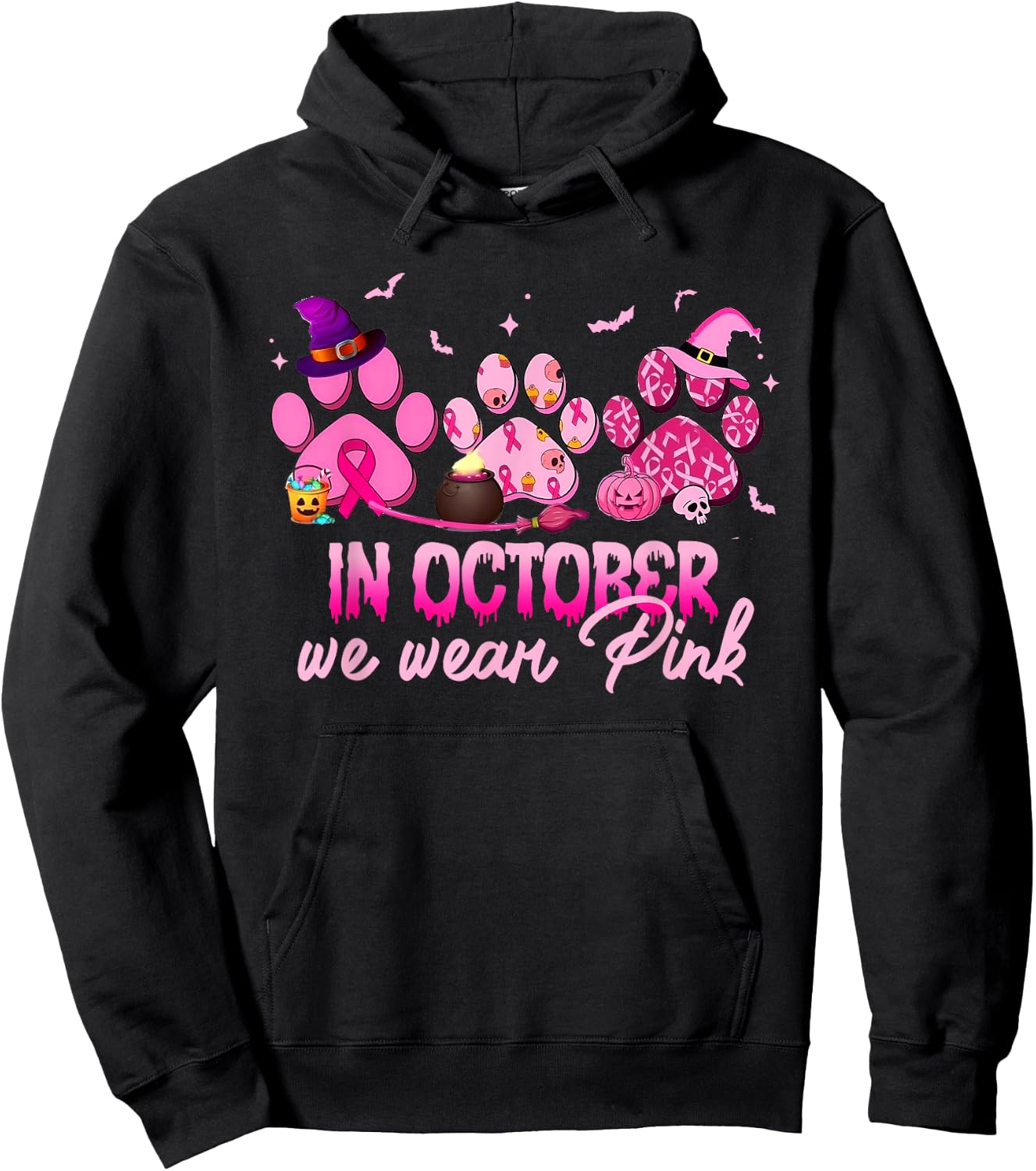 In October We Wear Pink Dog Cat Paw Breast Cancer Awareness Hoodie - Hoodie | Black