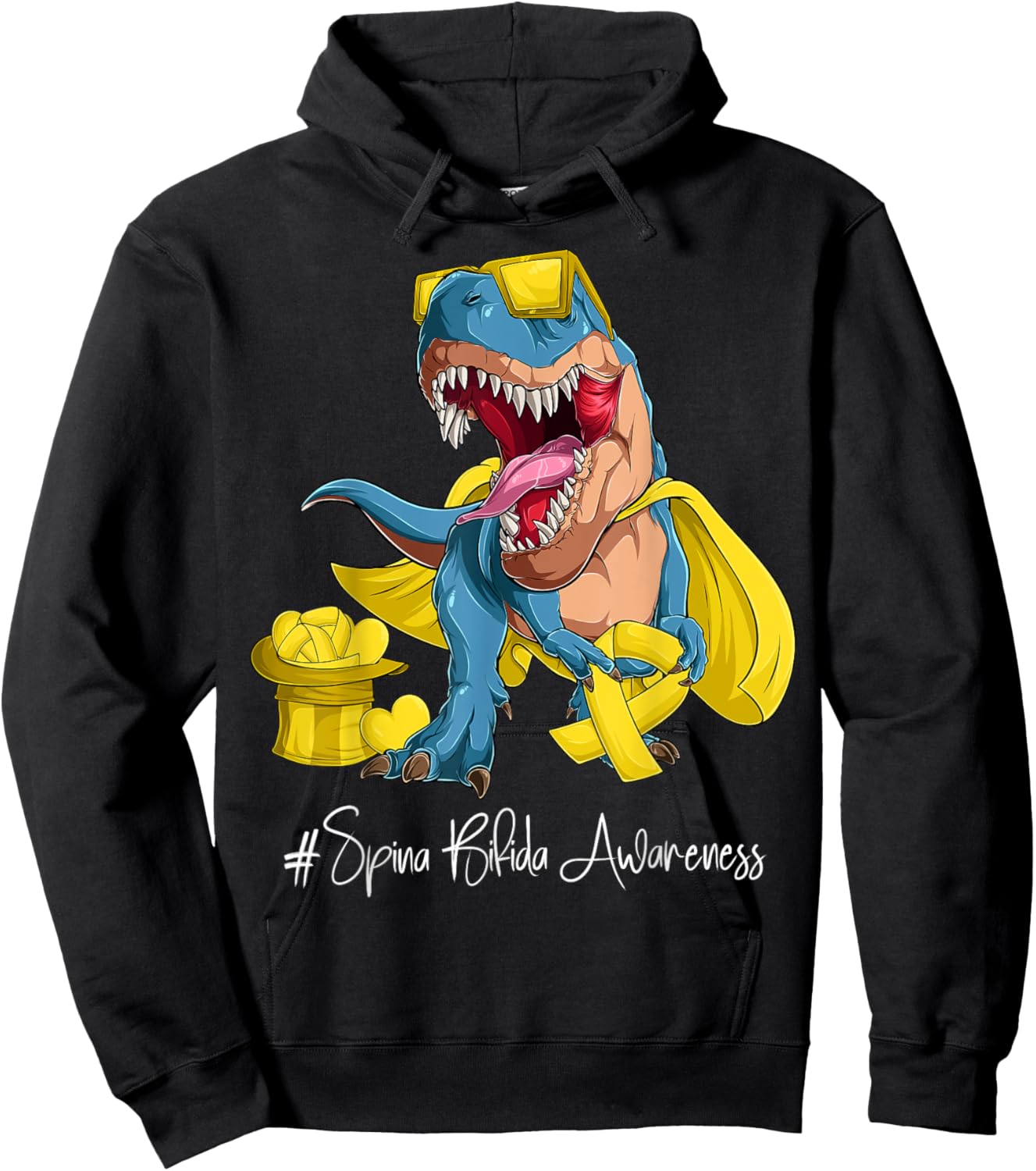Spina Bifida Awareness Month Yellow Ribbon Trex Hoodie - Hoodie | Black
