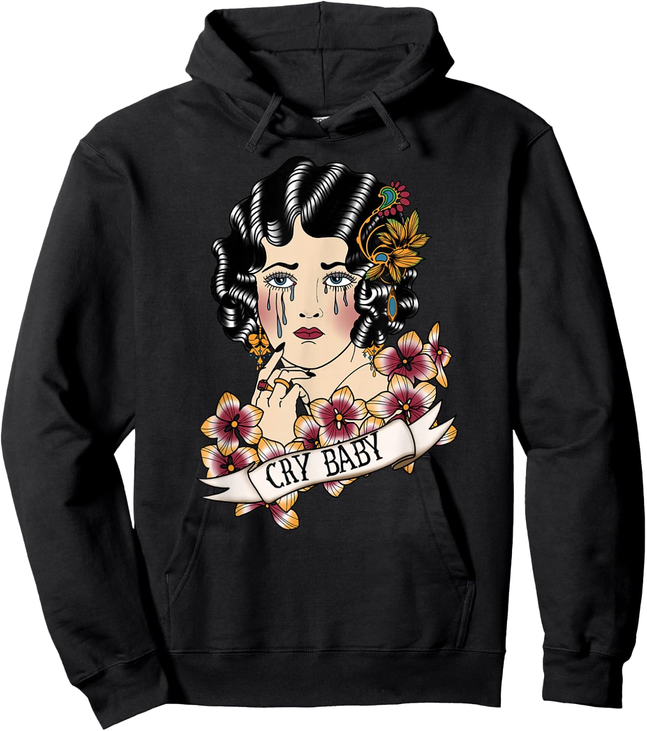 Cry Baby American Traditional, Old School Lady Tattoo Hoodie - Hoodie | Black