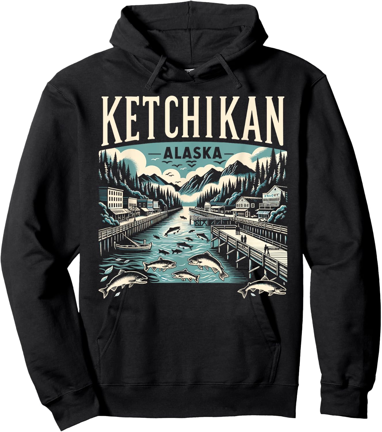 Ketchikan Alaska AK Vintage Graphic Salmon Capital Fishing Hoodie - Hoodie | Black