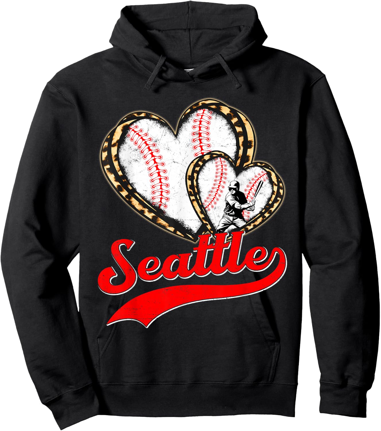 Vintage Seattle Baseball Leopard Heart Baseball Fans Hoodie - Hoodie | Black