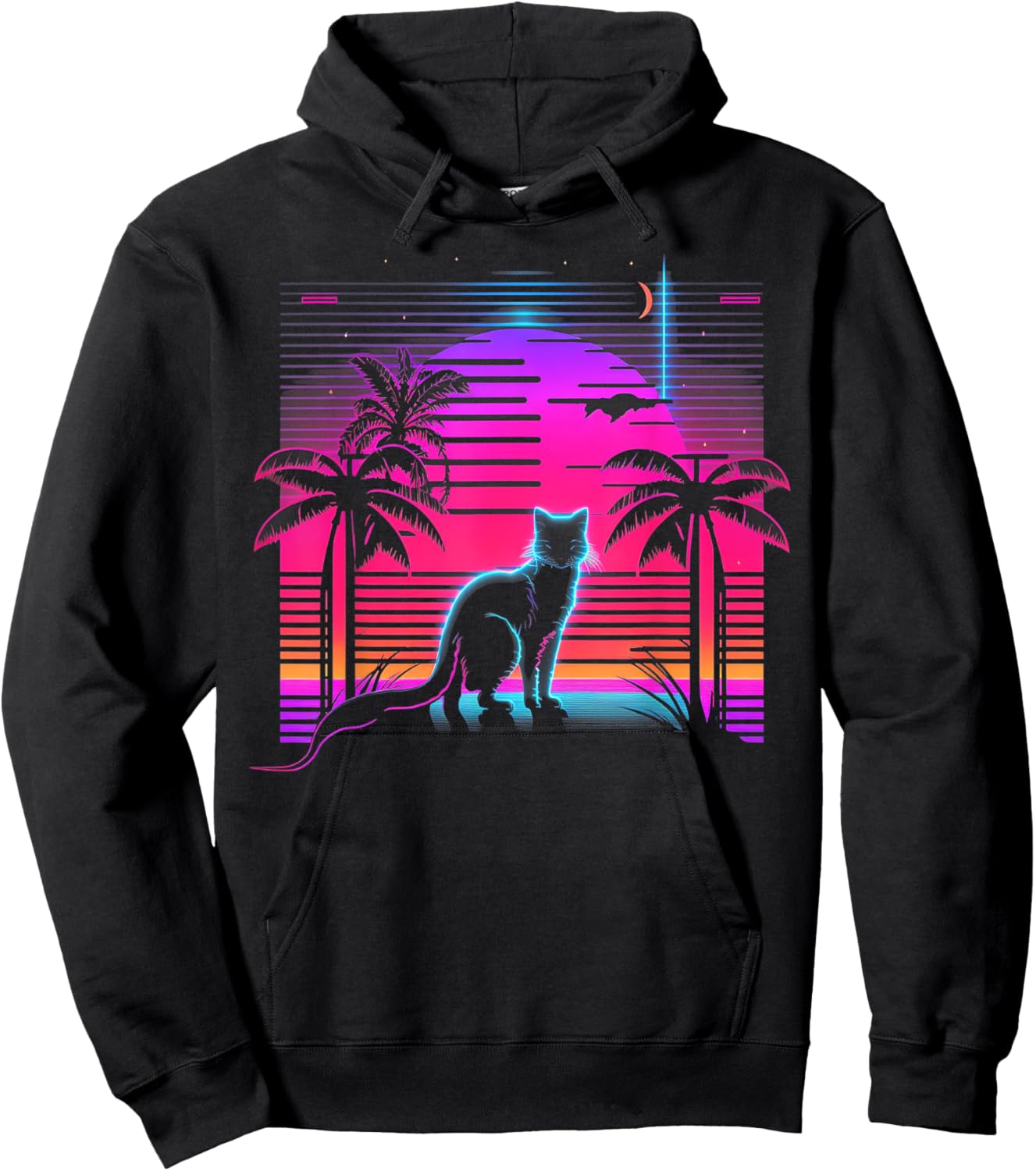 Cat Vaporwave Retrowave Aesthetic Synthwave 80s Palm Tree Women Kids Hoodie - Hoodie | Black
