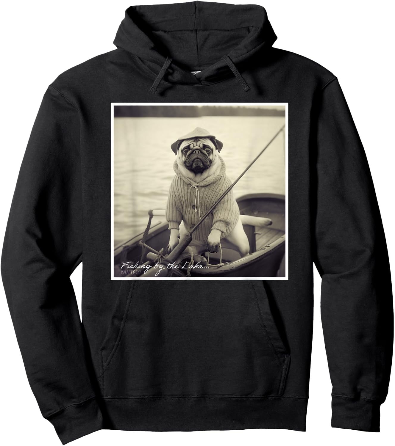 Funny Pug Fisherman on Boat Vintage Graphic Hoodie - Hoodie | Black