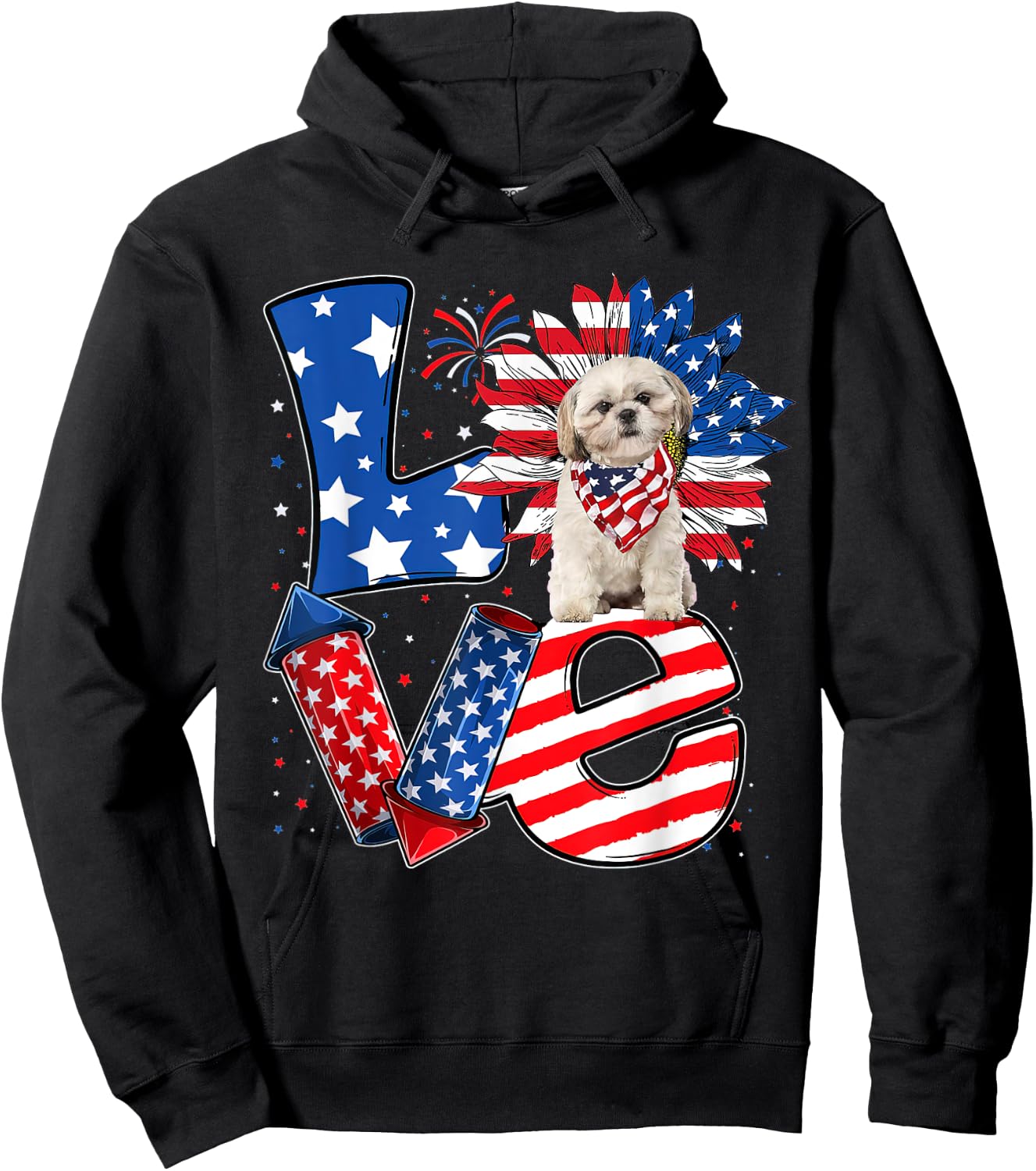 4th of July Decor Patriotic LOVE Shih Tzu Dog USA Flag Hoodie - Hoodie | Black