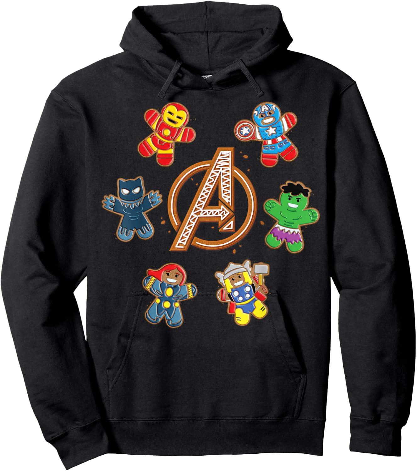 Marvel Avengers Holiday Christmas Gingerbread People & Logo Hoodie - Hoodie | Black