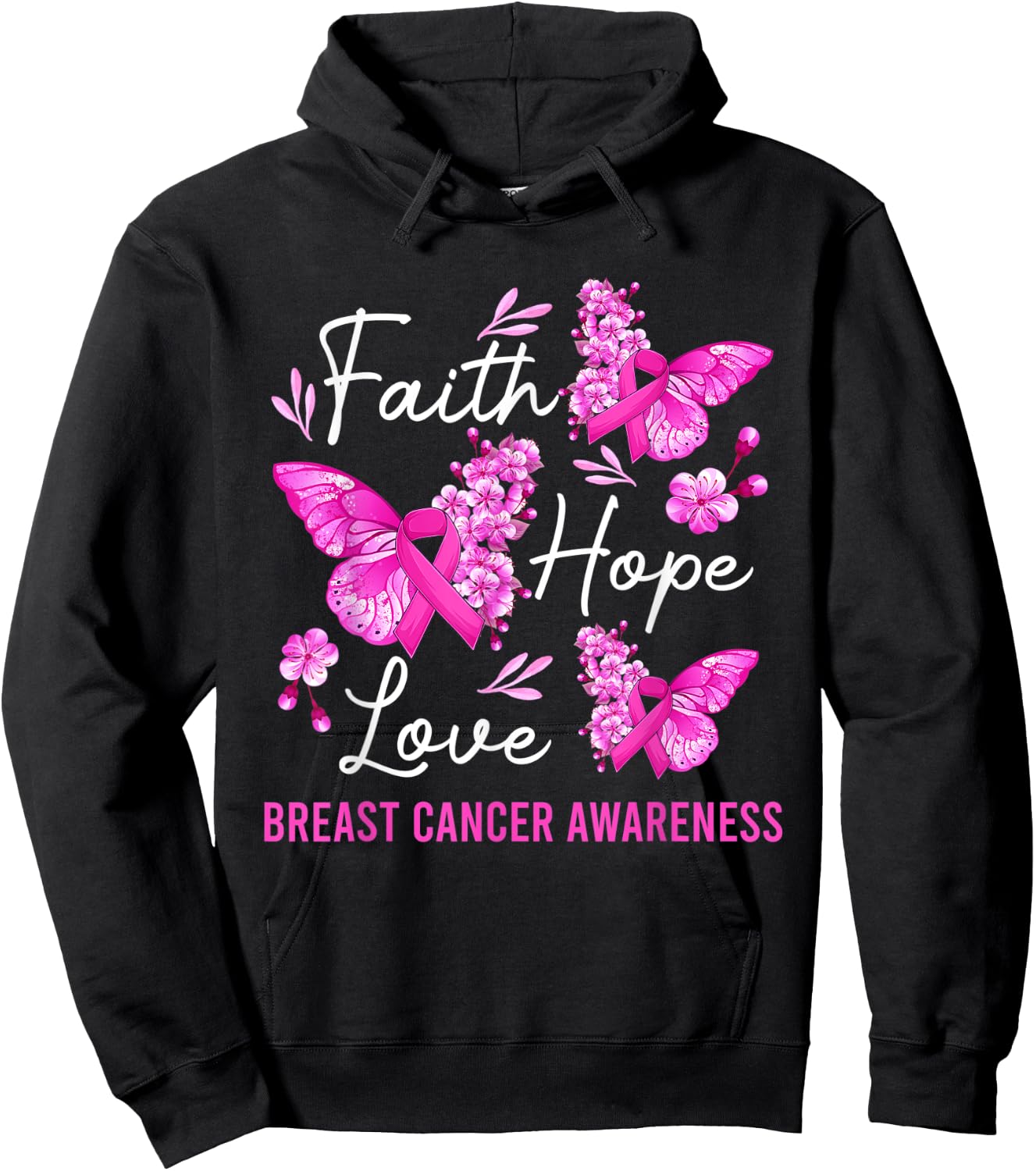 Butterfly Faith Hope Love Ribbon Breast Cancer Awareness Hoodie - Hoodie | Black