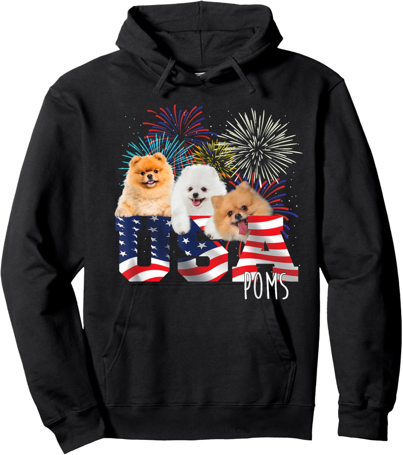USA Poms - American Flag Patriotic Dog Lover Pet Owner Puppy Hoodie - Hoodie | Black