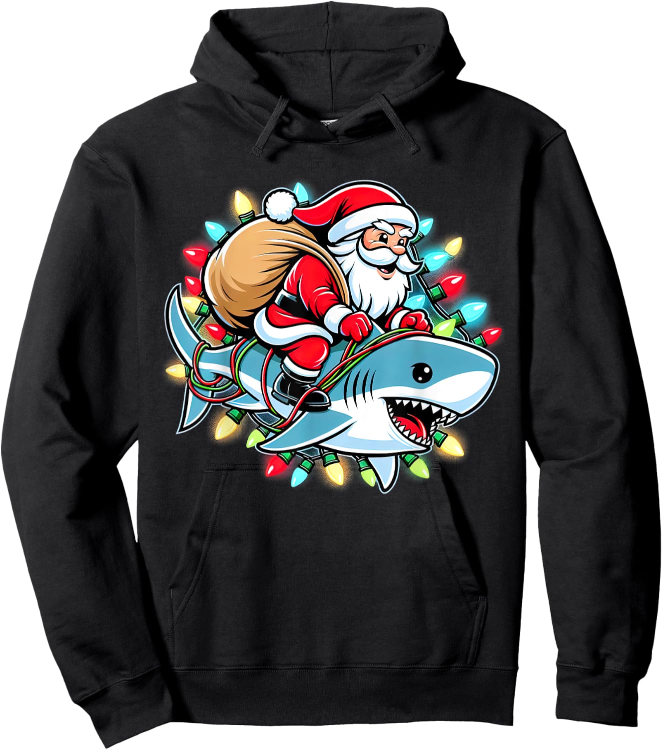 Santa Claus Riding Shark Christmas Boys Merry Sharkmas Xmas Hoodie - Hoodie | Black