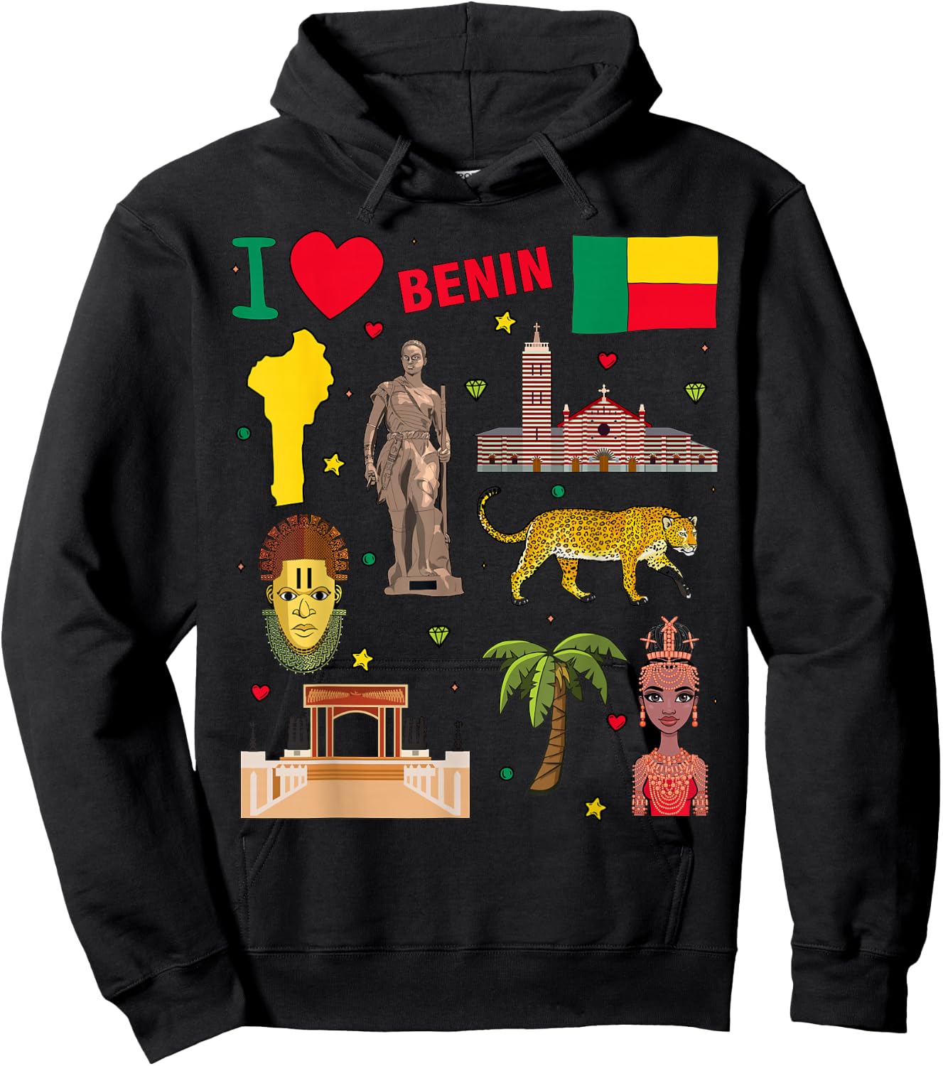 I love Benin. Hand drawn Beninese Landmarks, flag and map Hoodie - Hoodie | Black