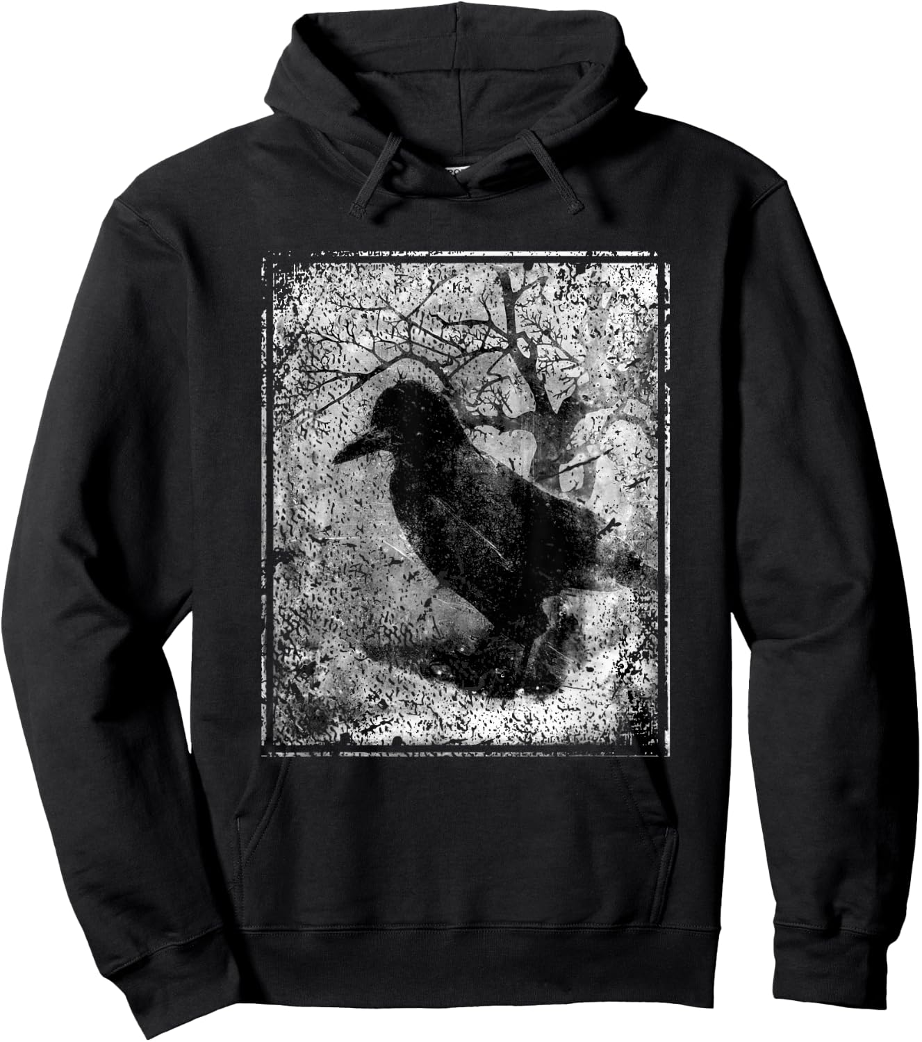 Black Crow on Tree- Vintage Dark Art Occult Aesthetics Hoodie - Hoodie | Black