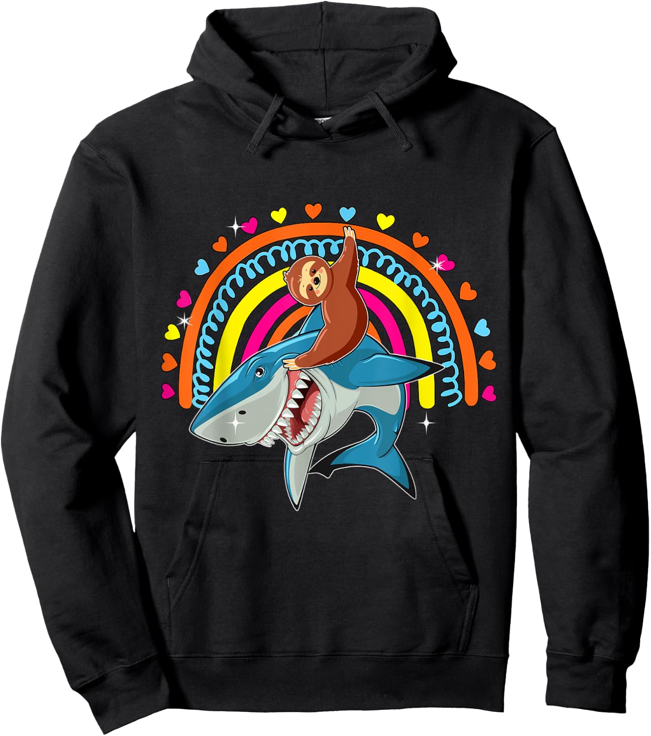 Sloth Riding Shark Funny Zoo Animal Rainbow Hearts Lover Hoodie - Hoodie | Black